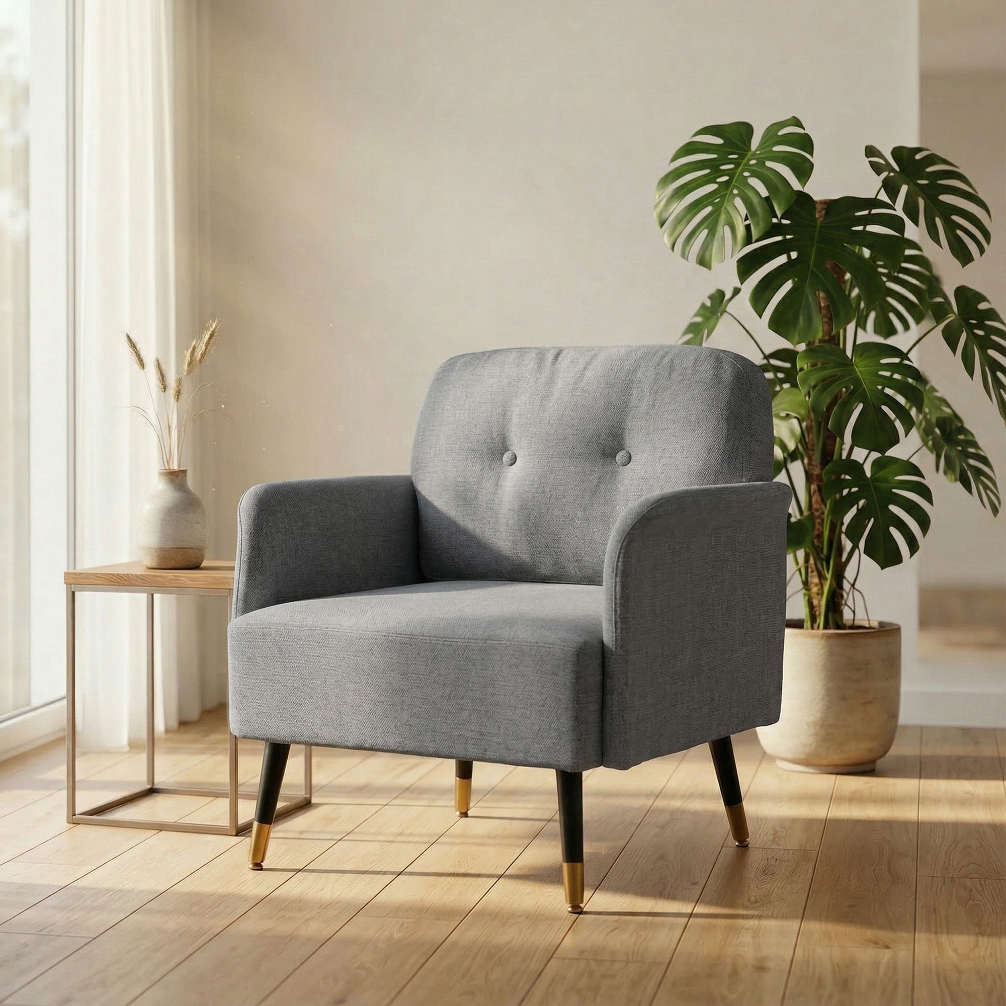 Modern Button Tufted Accent Chair, Upholstered Armchair, Living Room Chair with Thick Cushion and Metal Legs, Grey