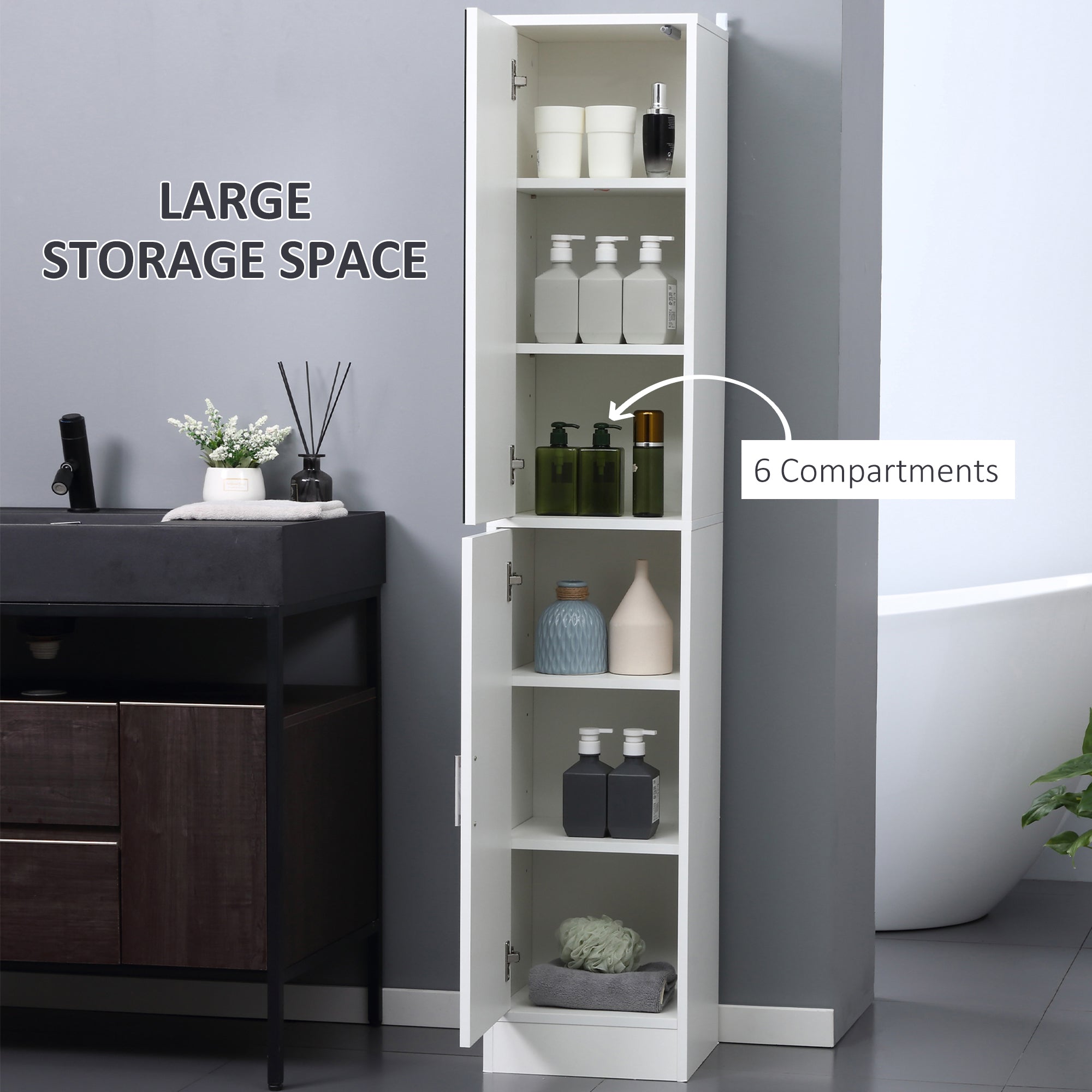 kleankin Tall Bathroom Storage Cabinet with Mirror, Narrow Bathroom Cabinet with Doors and Adjustable Shelves for Small Spaces, White