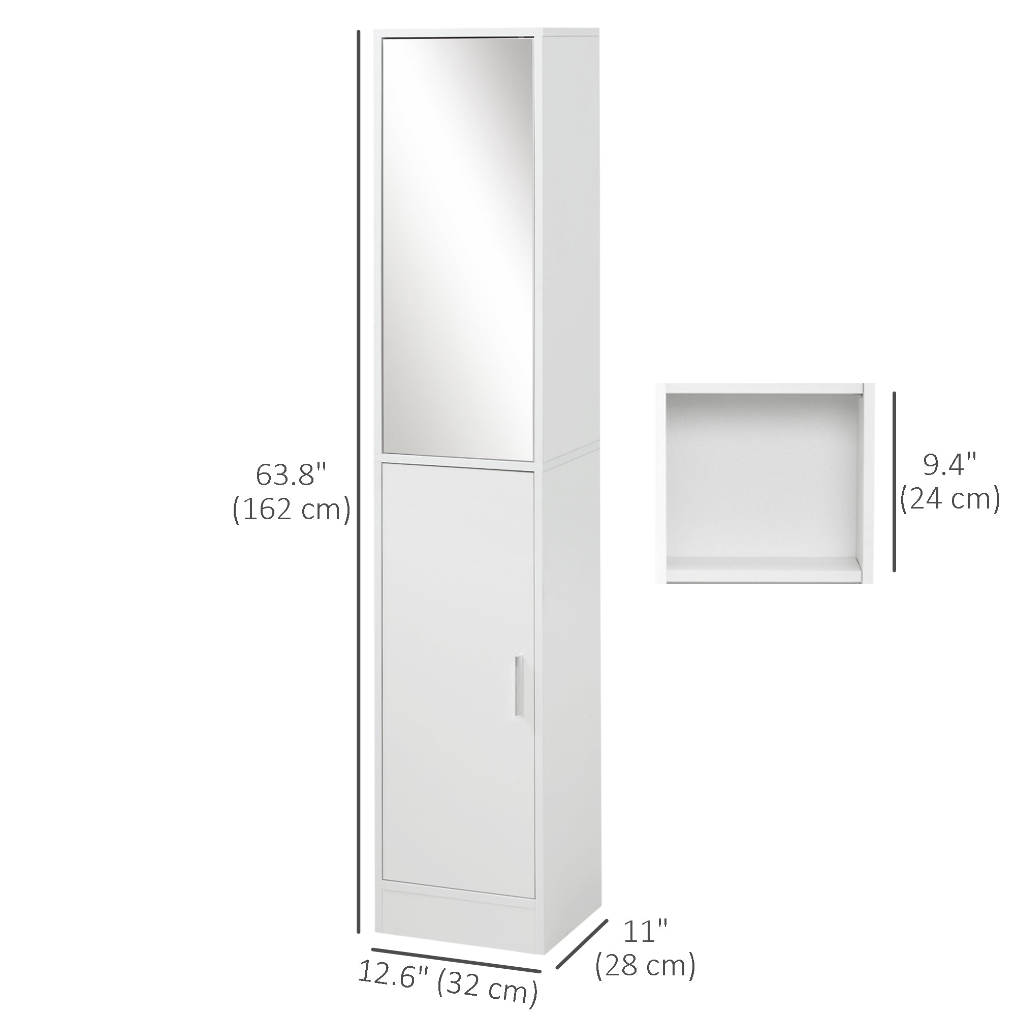 kleankin Tall Bathroom Storage Cabinet with Mirror, Narrow Bathroom Cabinet with Doors and Adjustable Shelves for Small Spaces, White