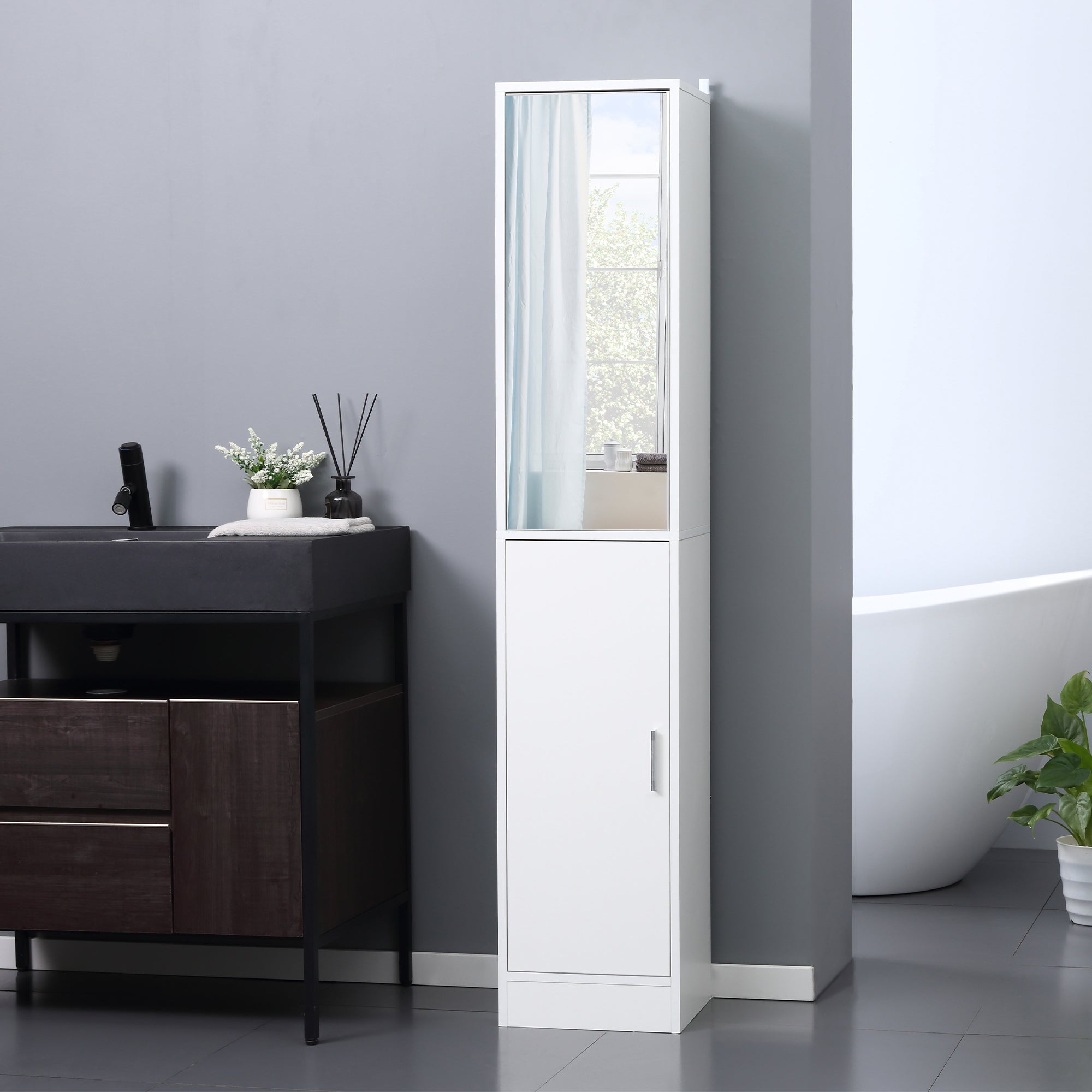 kleankin Tall Bathroom Storage Cabinet with Mirror, Narrow Bathroom Cabinet with Doors and Adjustable Shelves for Small Spaces, White