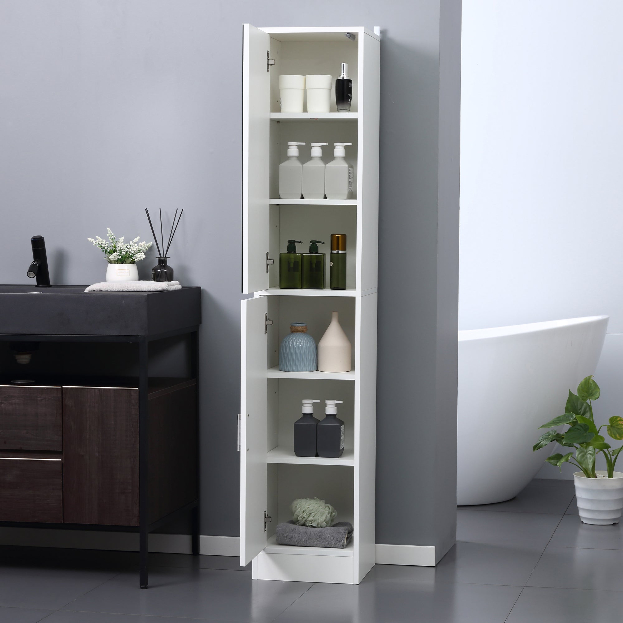 kleankin Tall Bathroom Storage Cabinet with Mirror, Narrow Bathroom Cabinet with Doors and Adjustable Shelves for Small Spaces, White