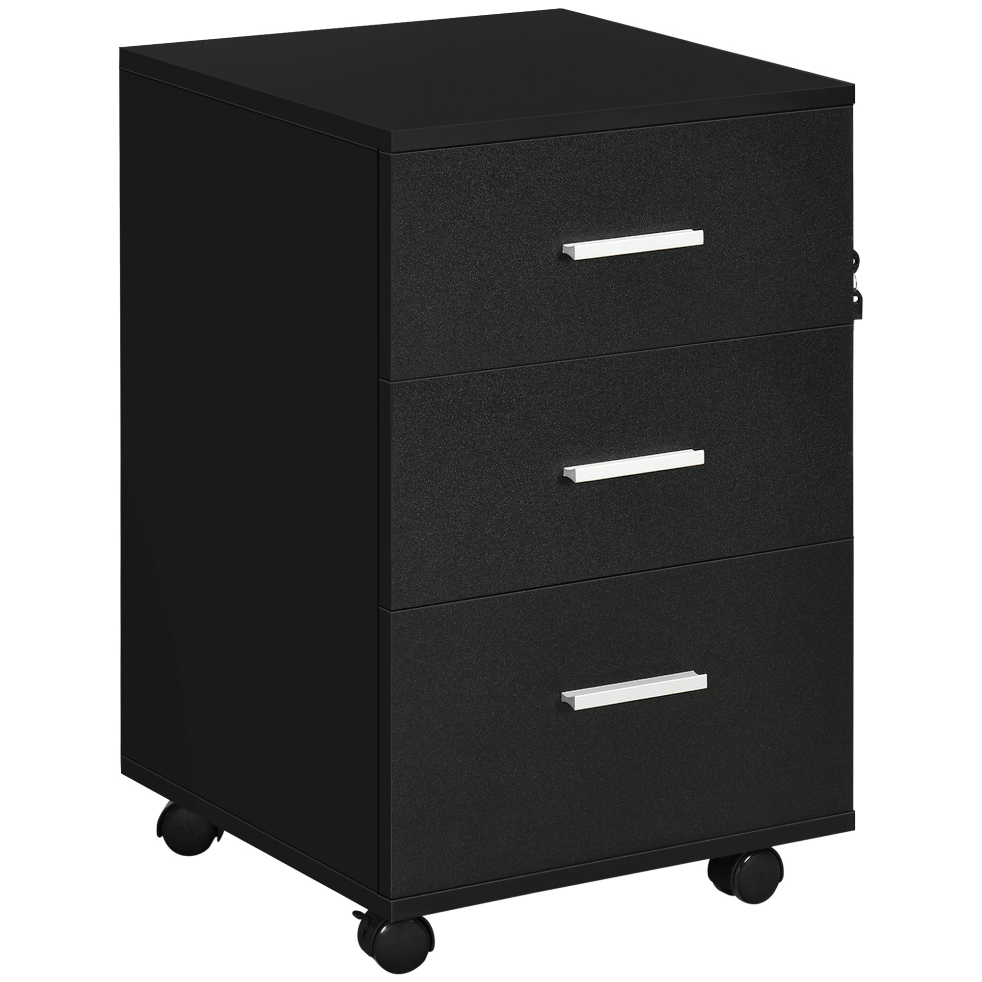 Vinsetto 3 Drawer File Cabinet with Lock and Keys, Mobile Vertical Filing Cabinet with Wheels and Drawers, Home Office Cabinet, Black