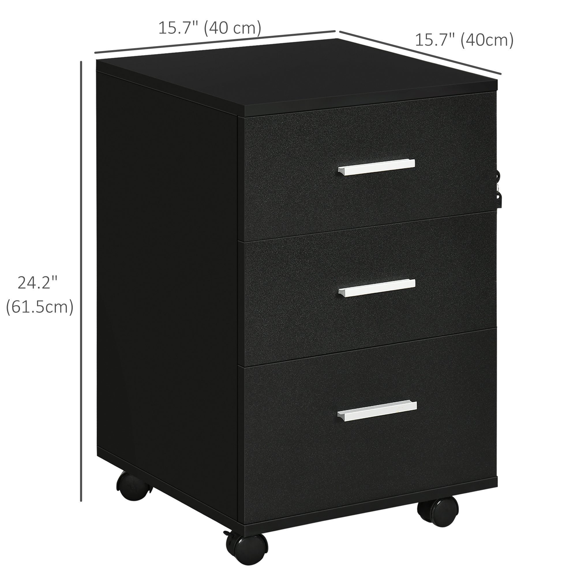 Vinsetto 3 Drawer File Cabinet with Lock and Keys, Mobile Vertical Filing Cabinet with Wheels and Drawers, Home Office Cabinet, Black