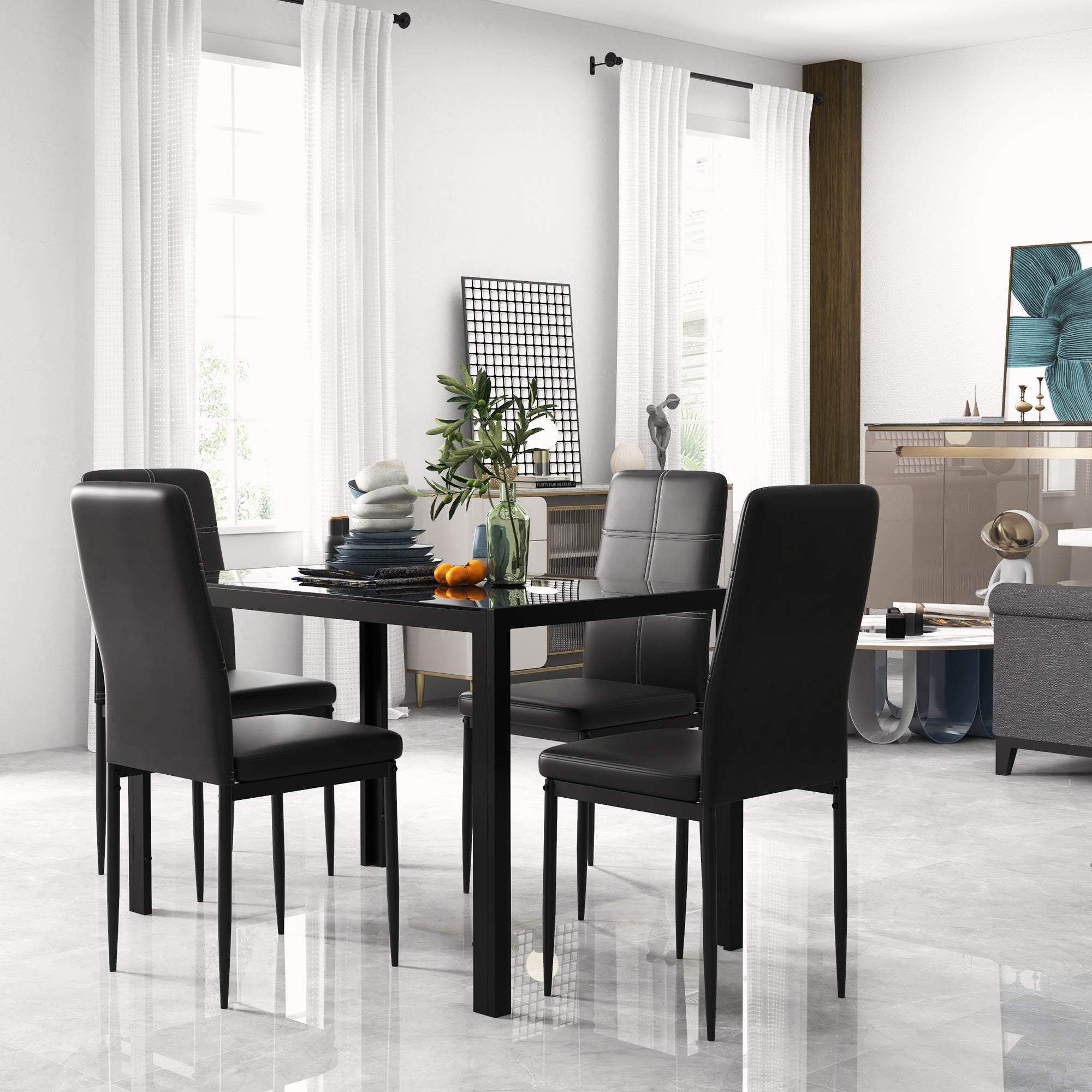 HOMCOM Dining Table Set for 4, 5-Piece Rectangular Glass Kitchen Table and Chairs with Metal Frame and Faux Leather Upholstery for Dining Room, Living Room, Black
