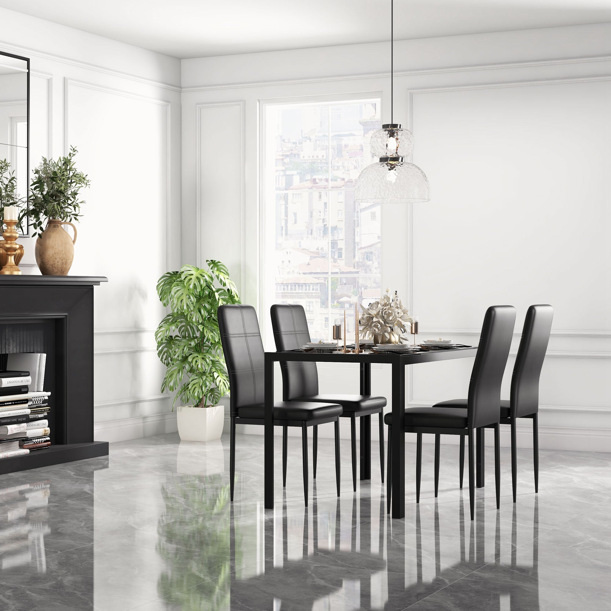 HOMCOM Dining Table Set for 4, 5-Piece Rectangular Glass Kitchen Table and Chairs with Metal Frame and Faux Leather Upholstery for Dining Room, Living Room, Black