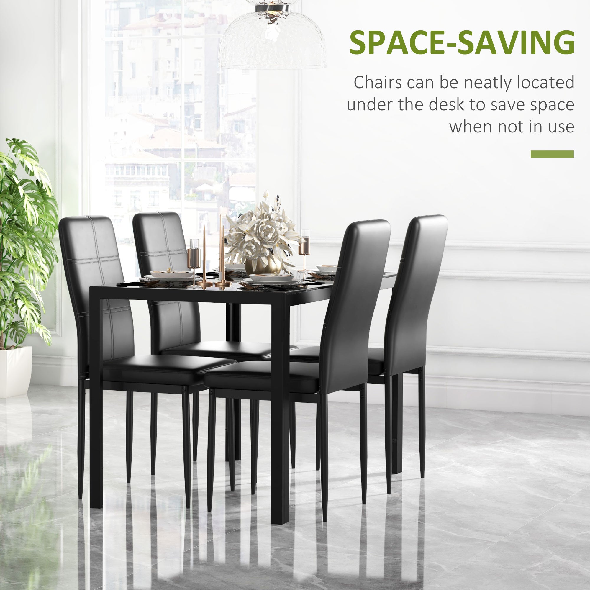HOMCOM Dining Table Set for 4, 5-Piece Rectangular Glass Kitchen Table and Chairs with Metal Frame and Faux Leather Upholstery for Dining Room, Living Room, Black