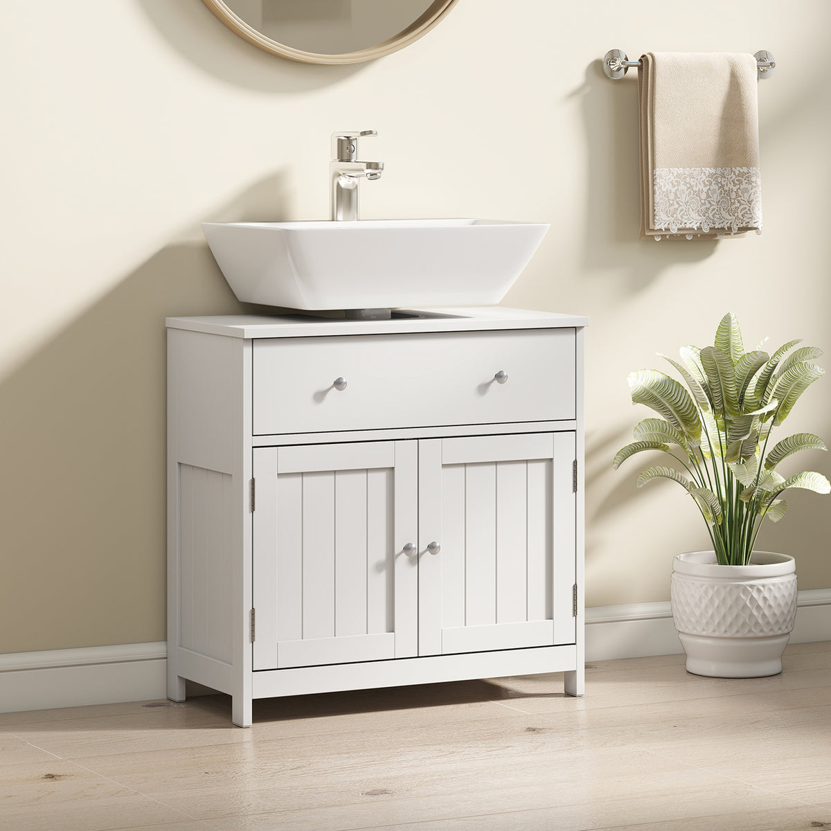 23.6" Modern Bathroom Vanity Cabinet, Freestanding Under Sink Cabinet with Drawer and 2 Doors, U-Shape Cutout for Pedestal Sink, White