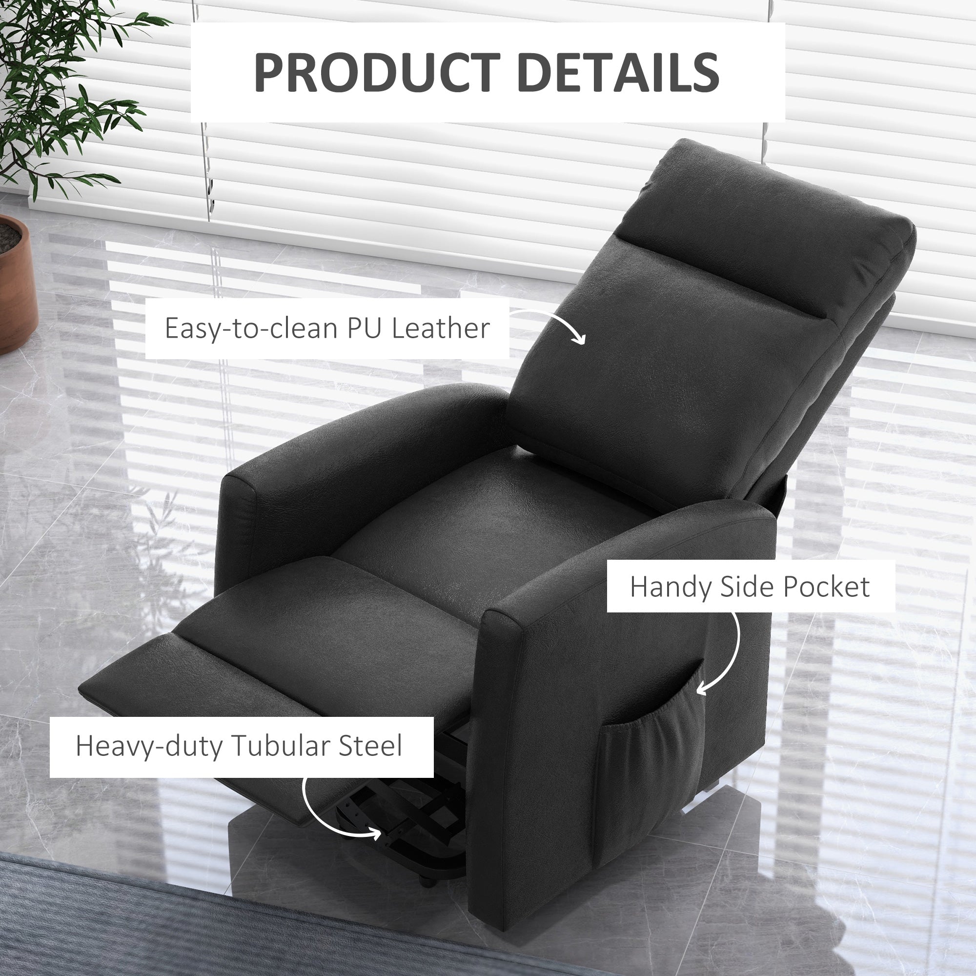 HOMCOM Electric Power Lift Chair for Elderly, PU Leather Power Reclining Chair for Living Room with Remote Control, Side Pocket, Grey