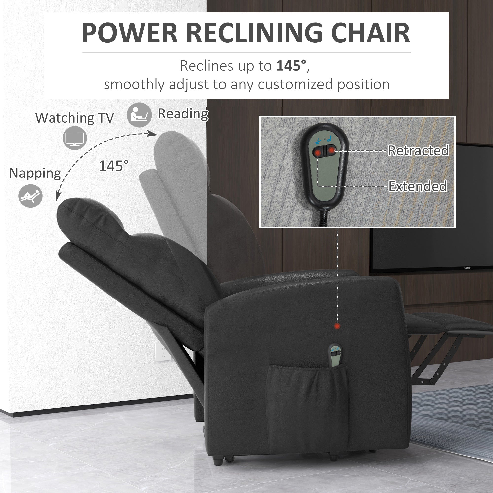 HOMCOM Electric Power Lift Chair for Elderly, PU Leather Power Reclining Chair for Living Room with Remote Control, Side Pocket, Grey