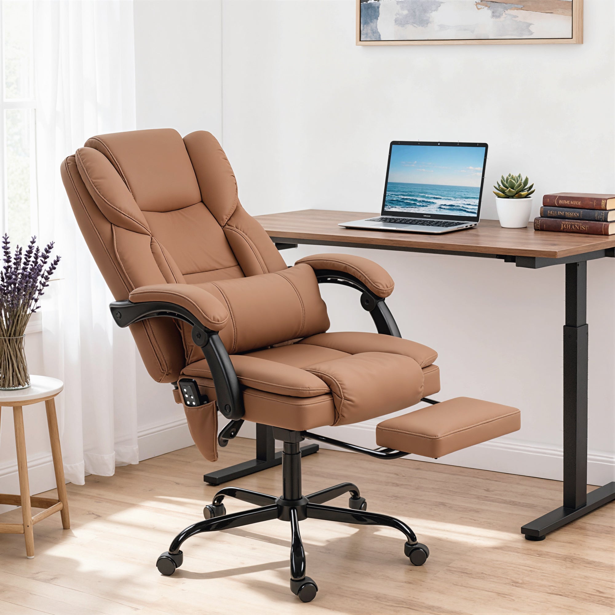 Massage Office Chair with 6 Vibration Points, Pet-Friendly Faux Leather, Reclining Desk Chair with Lumbar Support, Footrest, Adjustable Height, Swivel Wheels, Remote, Brown