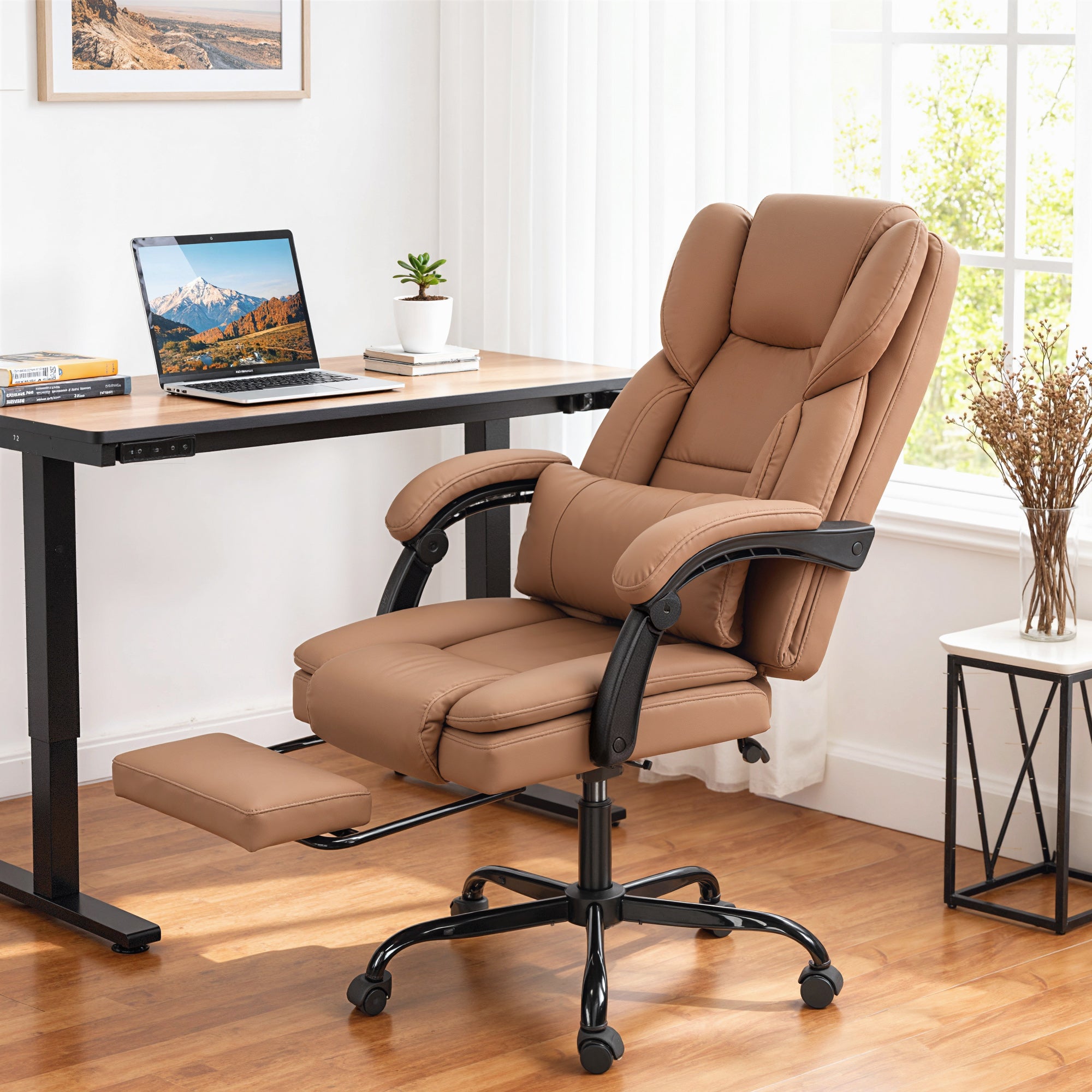 Massage Office Chair with 6 Vibration Points, Pet-Friendly Faux Leather, Reclining Desk Chair with Lumbar Support, Footrest, Adjustable Height, Swivel Wheels, Remote, Brown
