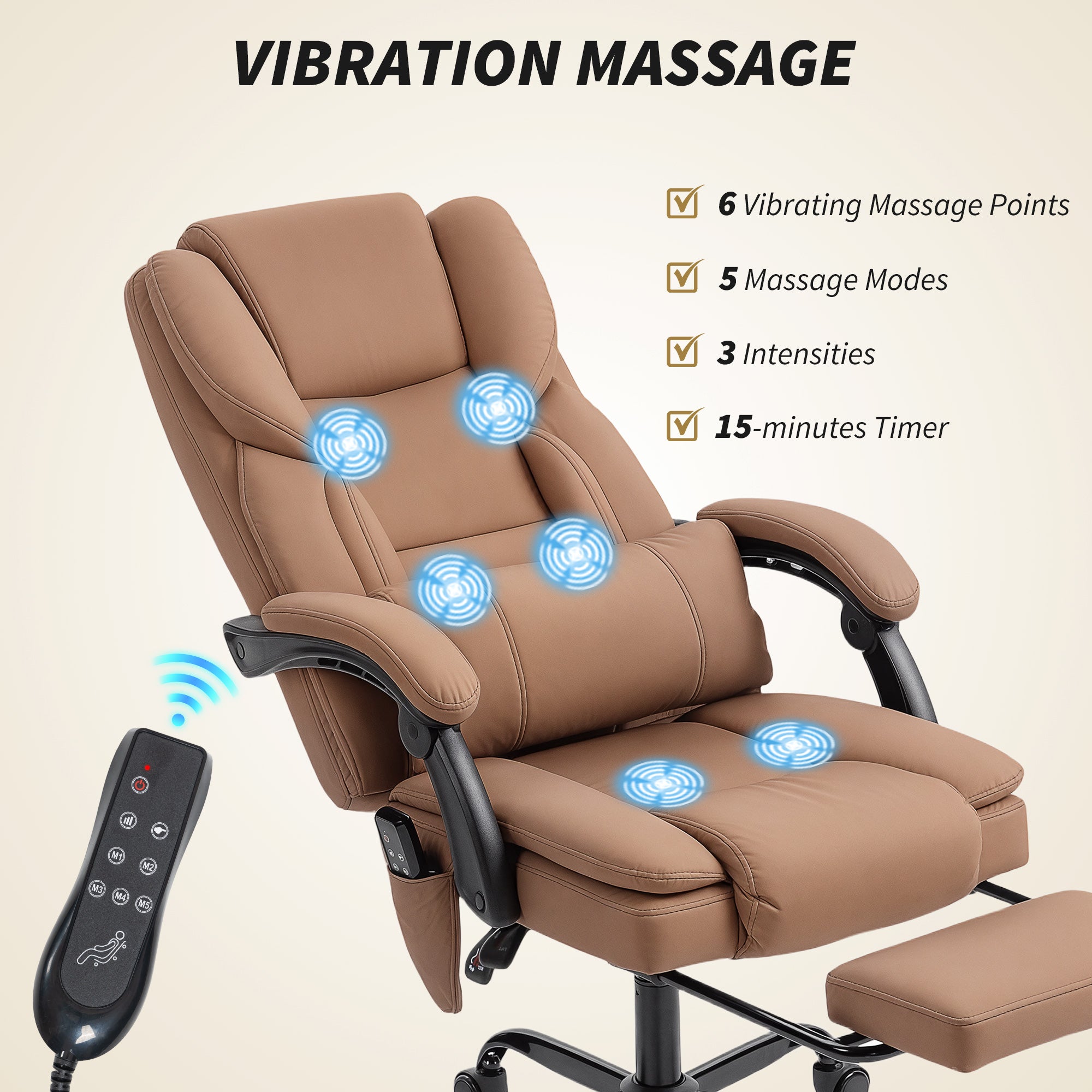 Massage Office Chair with 6 Vibration Points, Pet-Friendly Faux Leather, Reclining Desk Chair with Lumbar Support, Footrest, Adjustable Height, Swivel Wheels, Remote, Brown