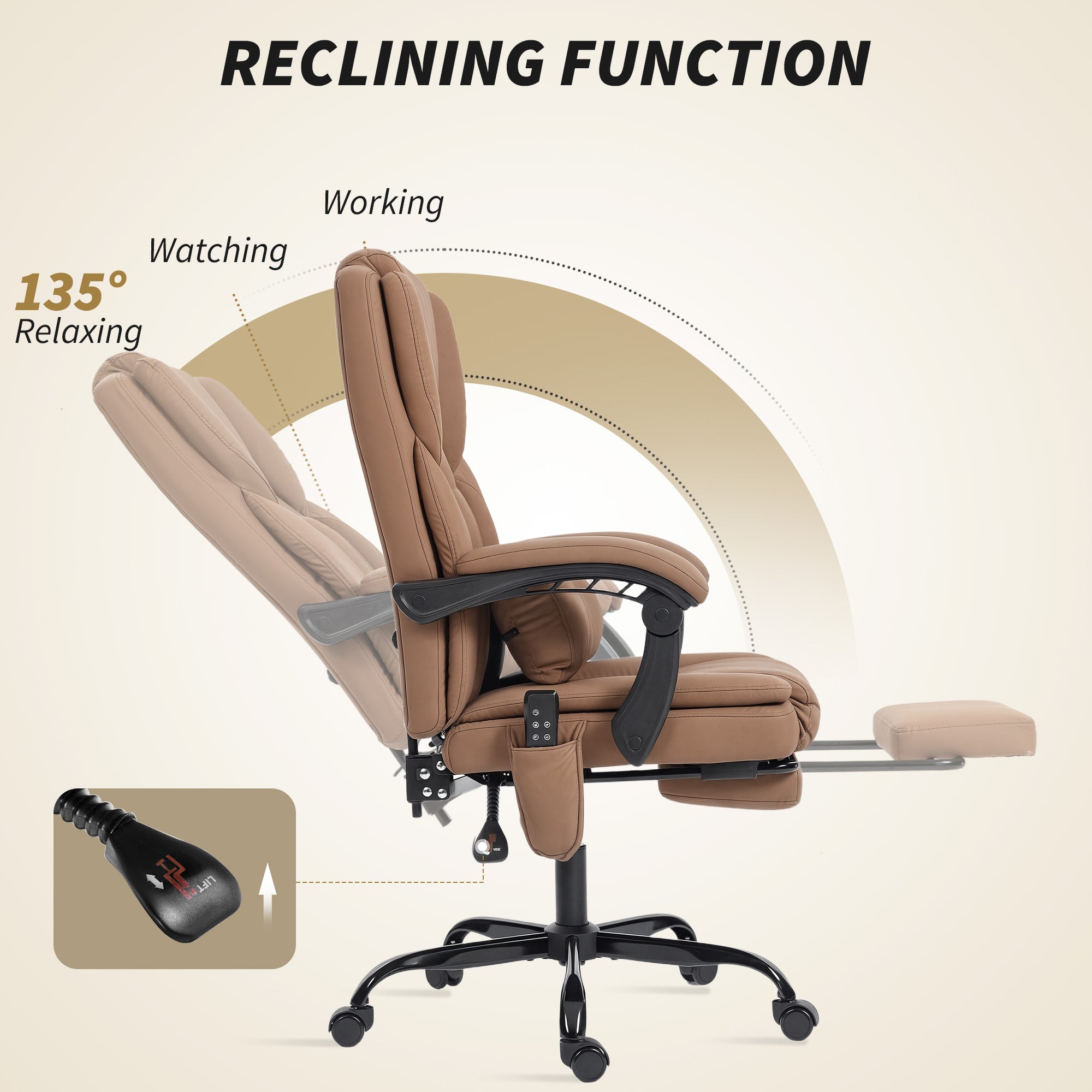 Massage Office Chair with 6 Vibration Points, Pet-Friendly Faux Leather, Reclining Desk Chair with Lumbar Support, Footrest, Adjustable Height, Swivel Wheels, Remote, Brown