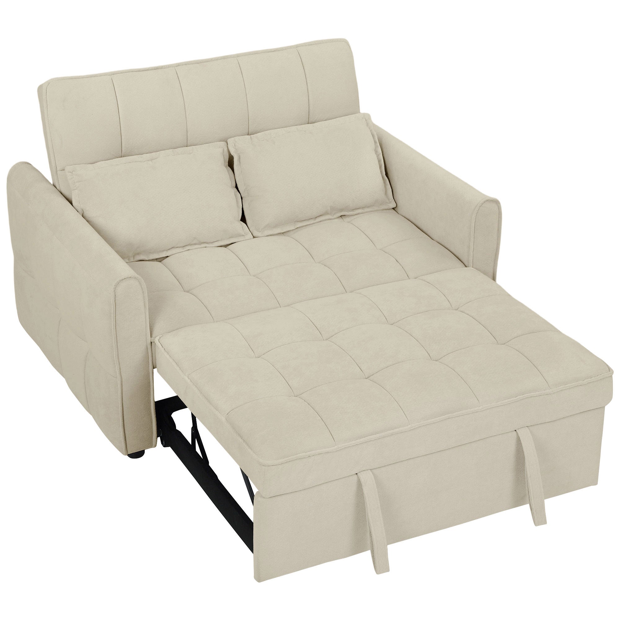 2 Seater Sofa Bed, 3-in-1 Convertible Sleeper Sofa with Click-clack Adjustable Backrest and 2 Pillows, Pull Out Corn Velvet-feel Fabric Bed Settee for Living Room, Guest Room, Light Brown