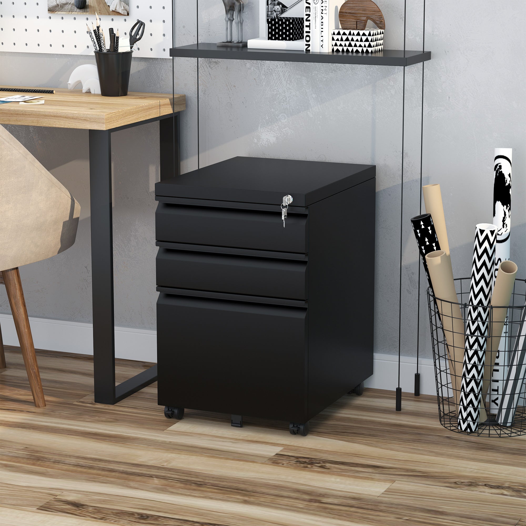Vinsetto Mobile Vertical File Cabinet Lockable Metal Filling Cabinet with 3 Drawers Anti-tilt Design for Letter A4 Legal Size Fully Assembled Except Casters Black