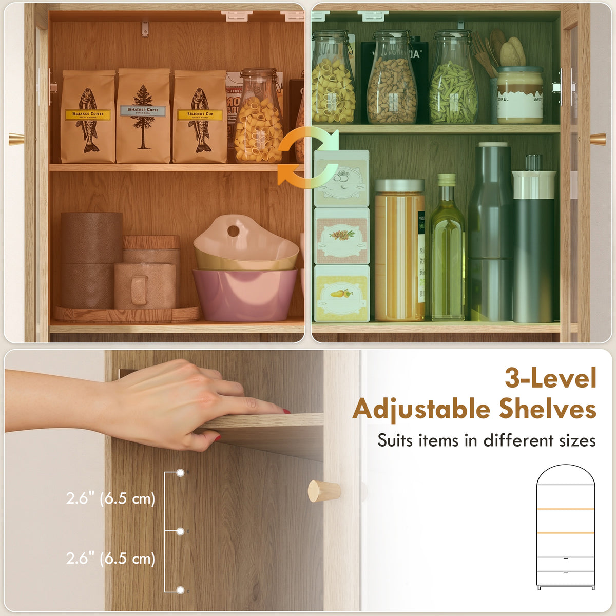 71" Tall Arched Kitchen Pantry Cabinet, Farmhouse Freestanding Kitchen Storage Cabinet with Adjustable Shelves, 2 Drawers, Acrylic Glass Doors for Dining Room, Oak Wood Grain