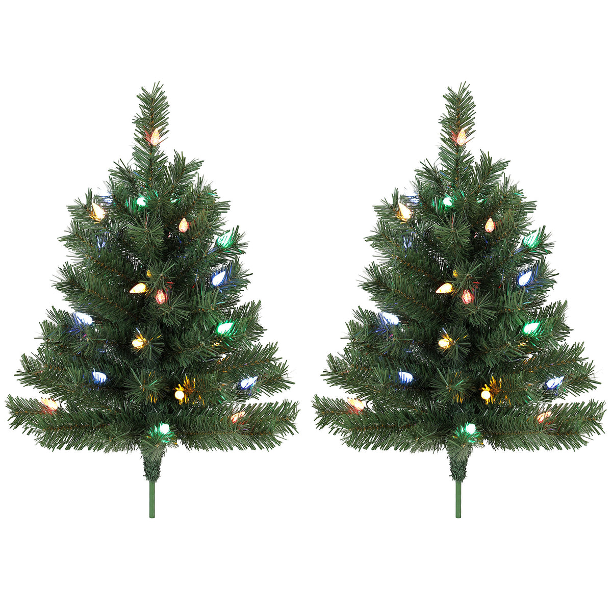 60 cm Pre-Lit Christmas Tree, 2-Pack Artificial Christmas Stake Trees with 60 Colourful LED Lights, 130 Tips, Ground Stakes, Green