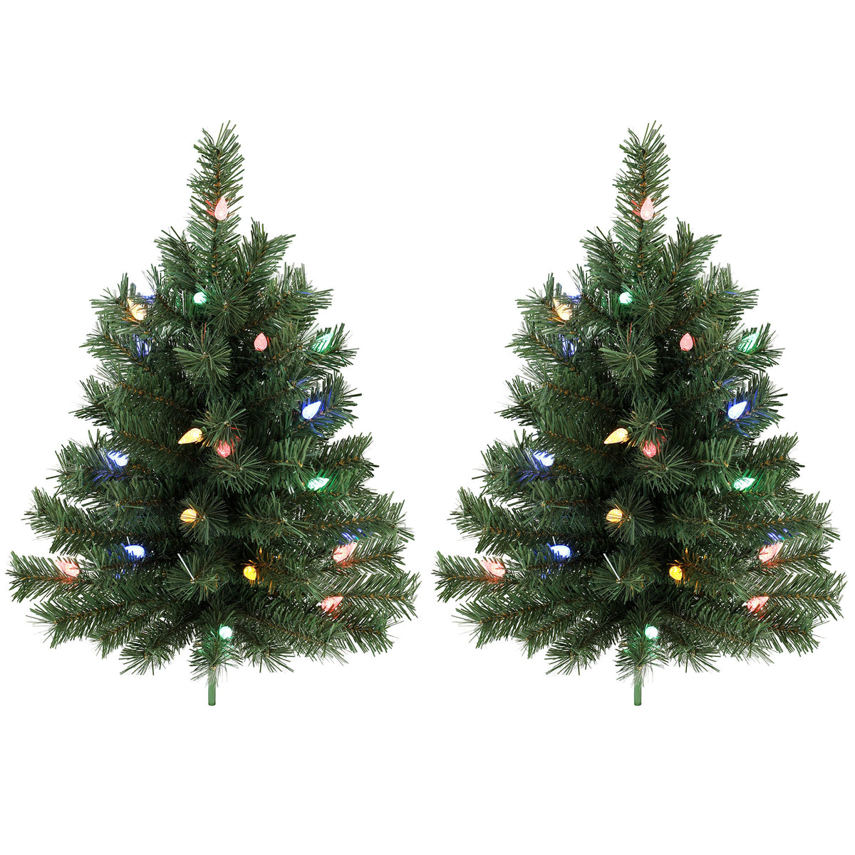 60 cm Pre-Lit Christmas Tree, 2-Pack Artificial Christmas Stake Trees with 60 Colourful LED Lights, 130 Tips, Ground Stakes, Green