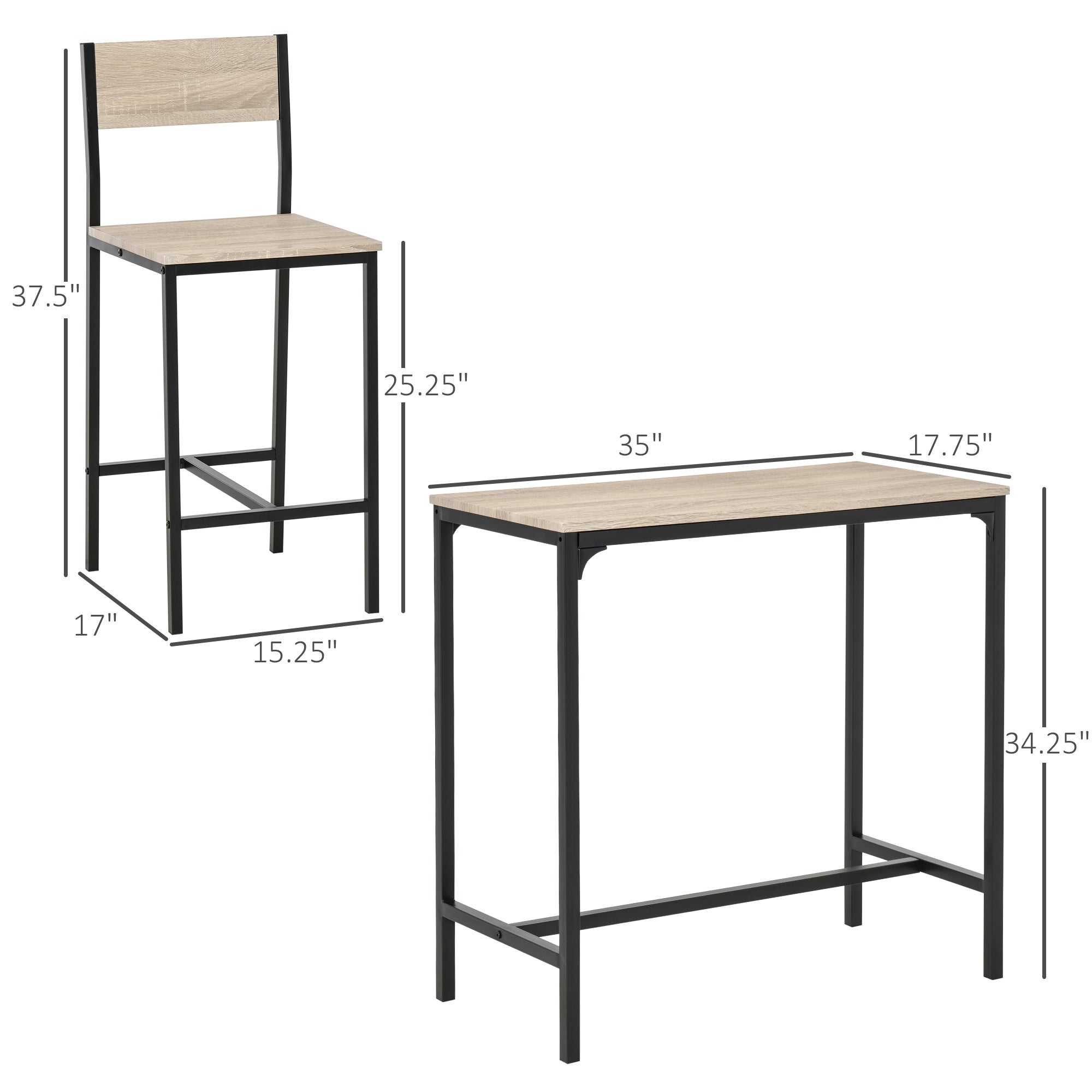 3 Piece Bar Table and Chairs, Industrial Dining Table Set for 2, Counter Height Kitchen Table with Bar stools Natural