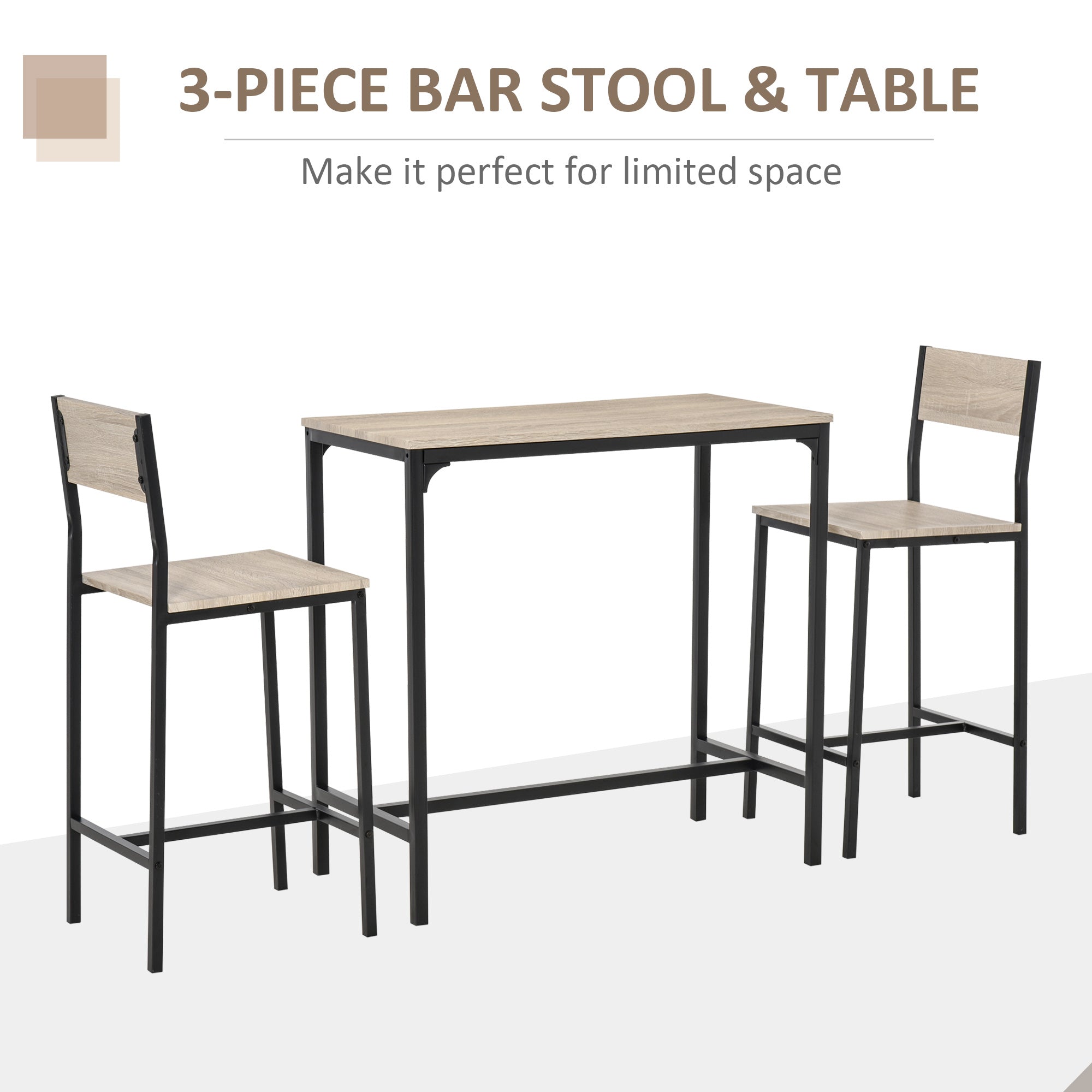 3 Piece Bar Table and Chairs, Industrial Dining Table Set for 2, Counter Height Kitchen Table with Bar stools Natural