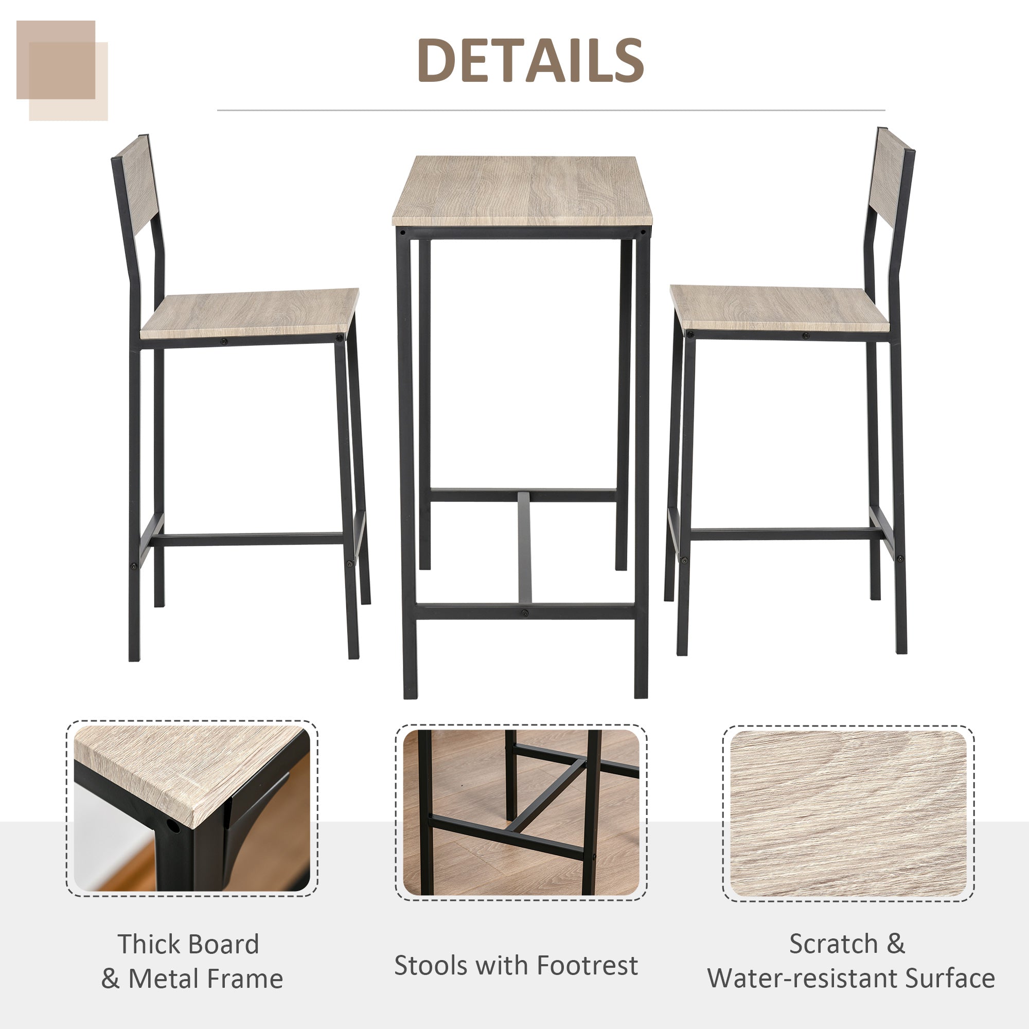 3 Piece Bar Table and Chairs, Industrial Dining Table Set for 2, Counter Height Kitchen Table with Bar stools Natural