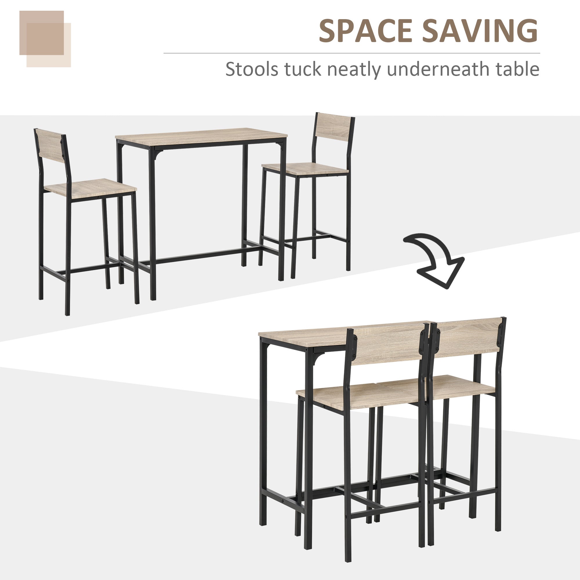 3 Piece Bar Table and Chairs, Industrial Dining Table Set for 2, Counter Height Kitchen Table with Bar stools Natural