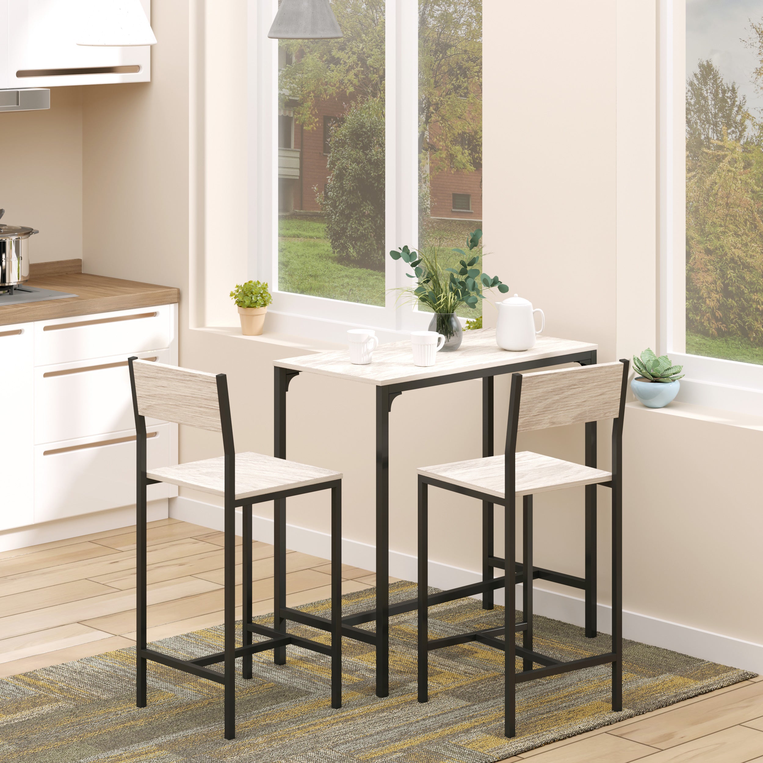 3 Piece Bar Table and Chairs, Industrial Dining Table Set for 2, Counter Height Kitchen Table with Bar stools Natural