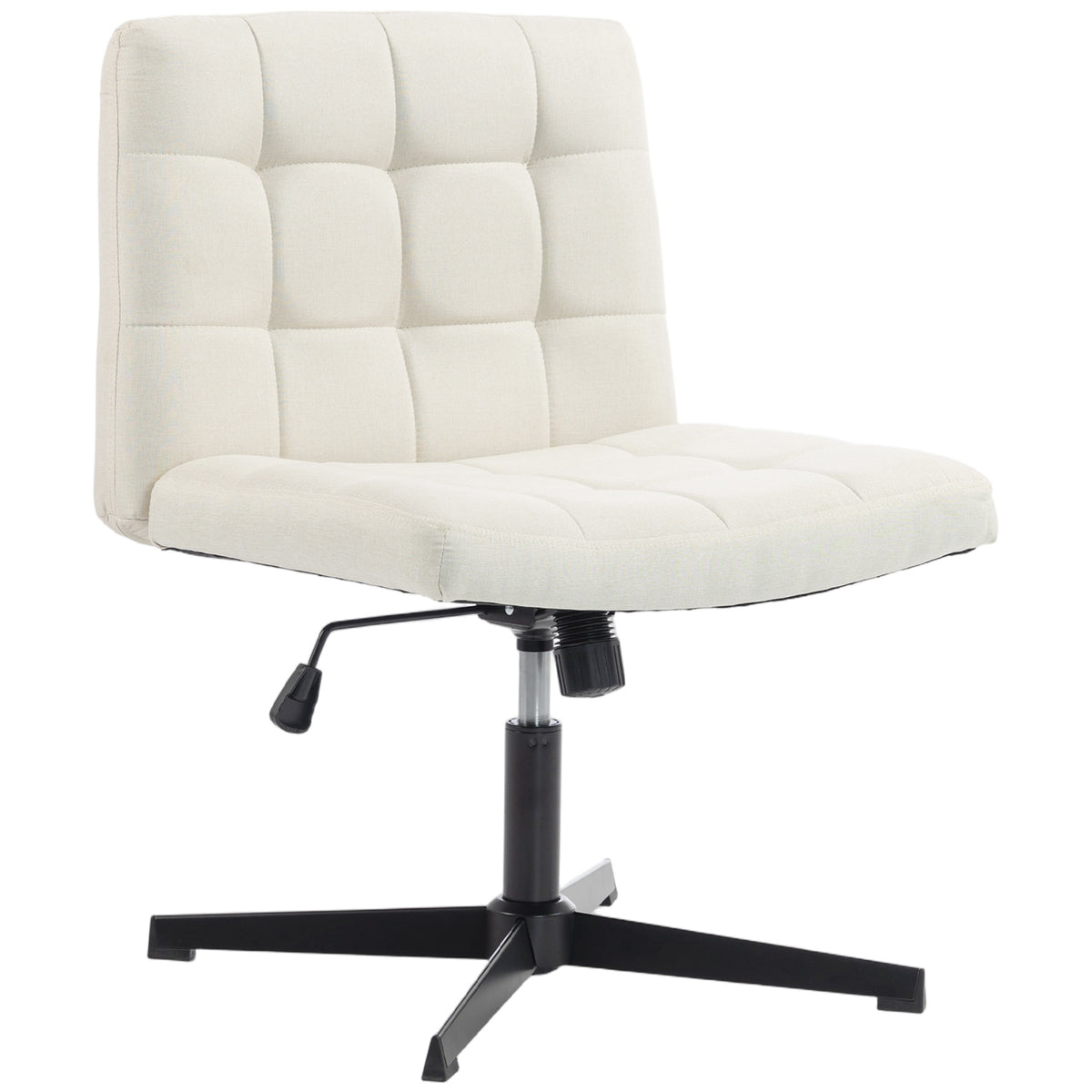 Armless Office Chair, Cross Legged Linen Computer Desk Vanity Chair with Wide Seat, Rocking Function, Swivel, Adjustable Height for Home Office, Study, Bedroom, Makeup, Beige