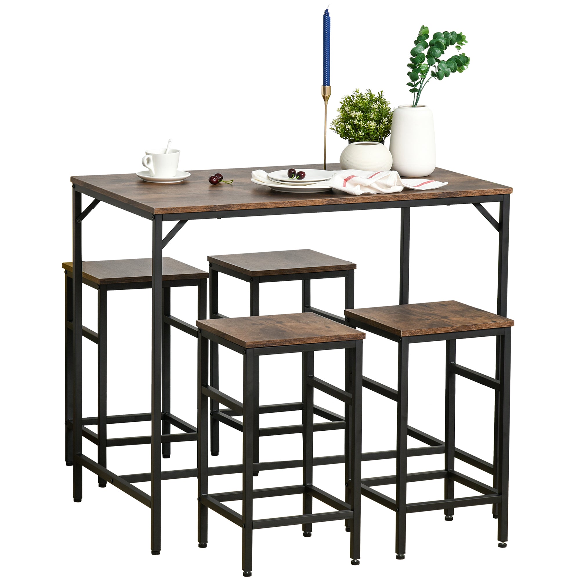 HOMCOM 5 Pieces Industrial Rectangular Bar Table Set, Dining Table Set Breakfast Table with 4 Stools for Dining Room, Kitchen, Dinette, Rustic Brown