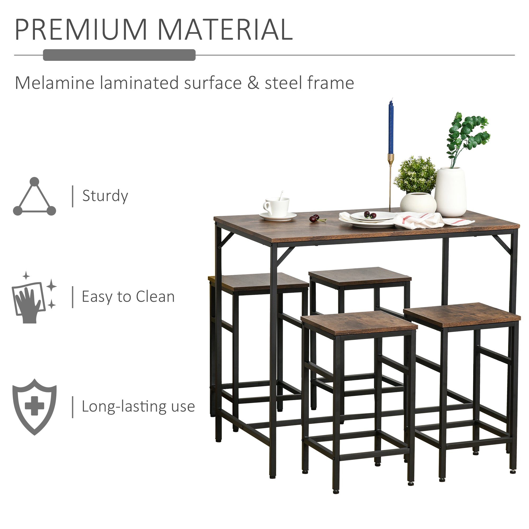 HOMCOM 5 Pieces Industrial Rectangular Bar Table Set, Dining Table Set Breakfast Table with 4 Stools for Dining Room, Kitchen, Dinette, Rustic Brown