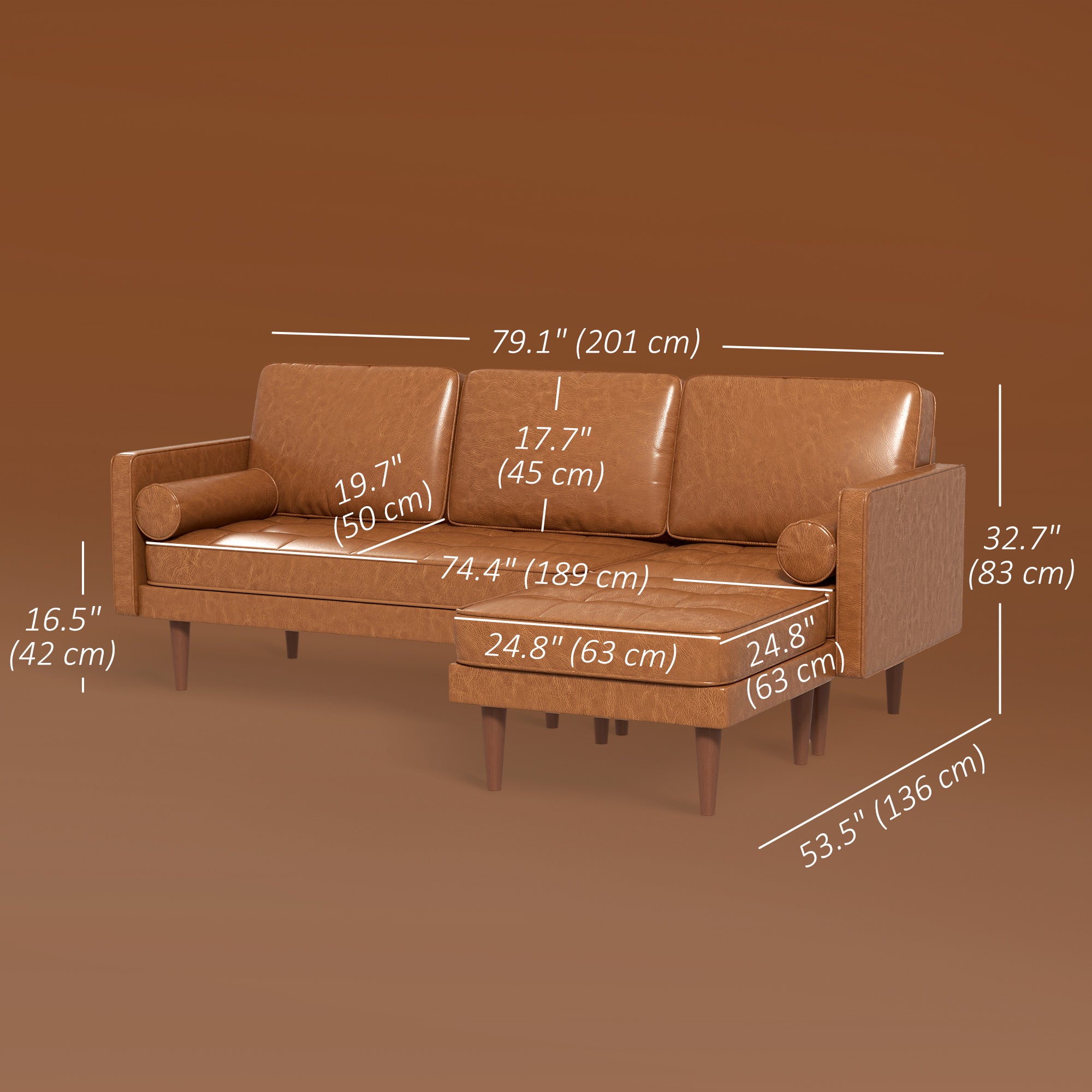 HOMCOM Sectional Sofa with Footstool and 2 Bolster Pillows, L-Shaped Sectional Couch with Wooden Legs, Faux Leather Corner Sofa for Living Room, Office, Apartment, Brown