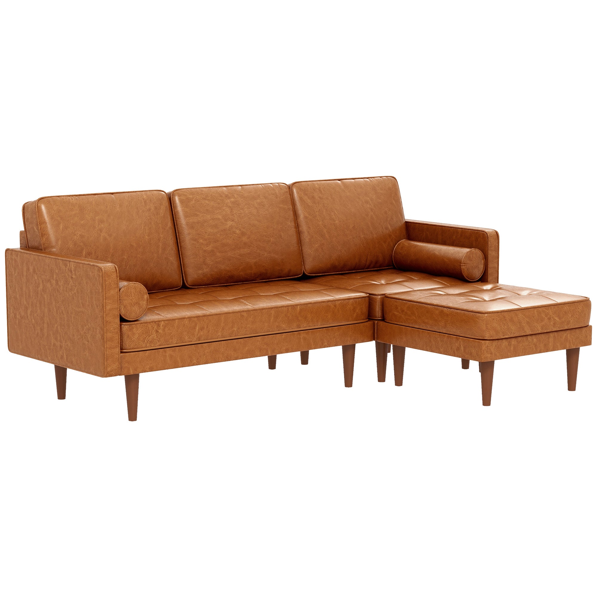 HOMCOM Sectional Sofa with Footstool and 2 Bolster Pillows, L-Shaped Sectional Couch with Wooden Legs, Faux Leather Corner Sofa for Living Room, Office, Apartment, Brown