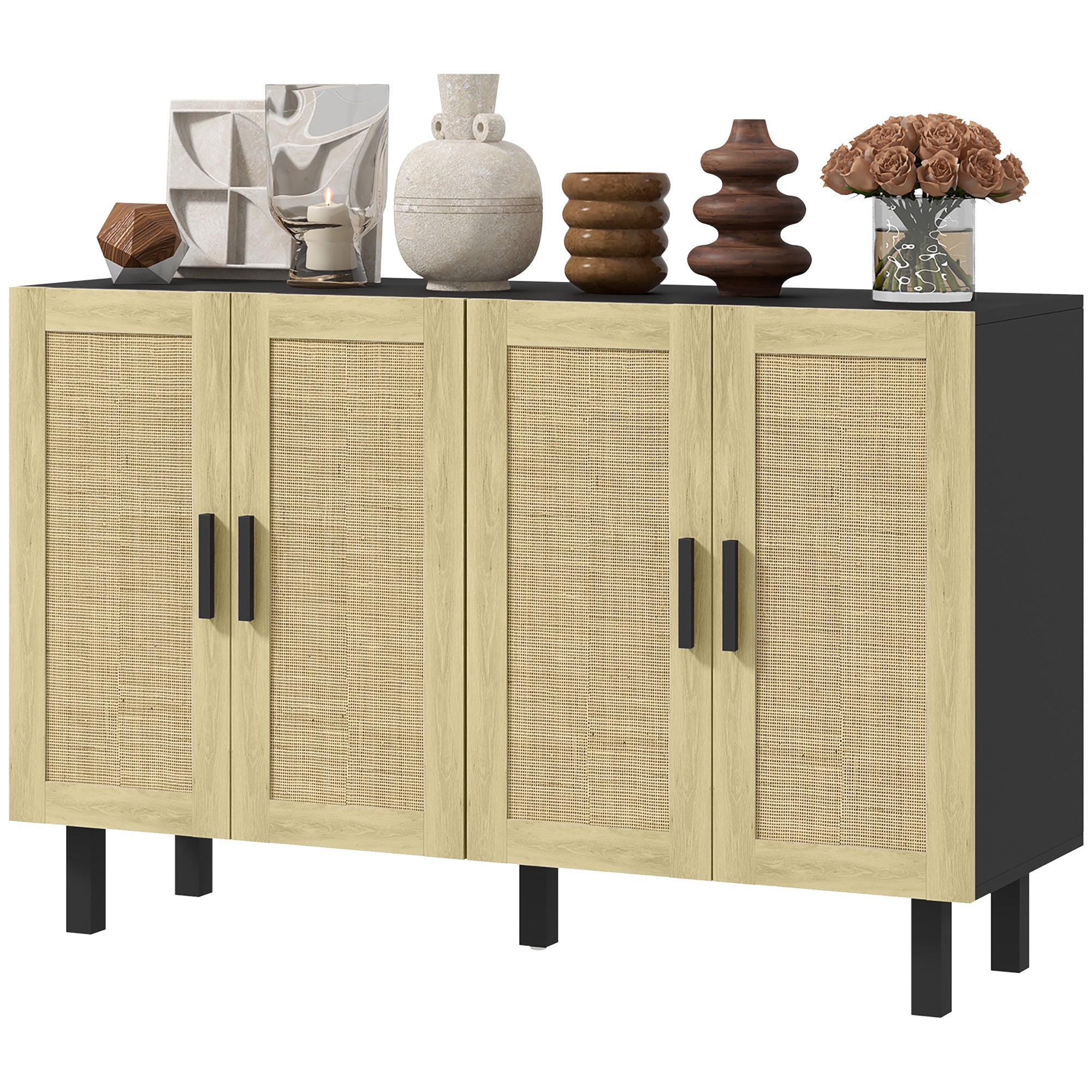 Boho Kitchen Cabinet Buffet Cabinet with 4 Rattan Doors and Adjustable Shelves Black and Natural