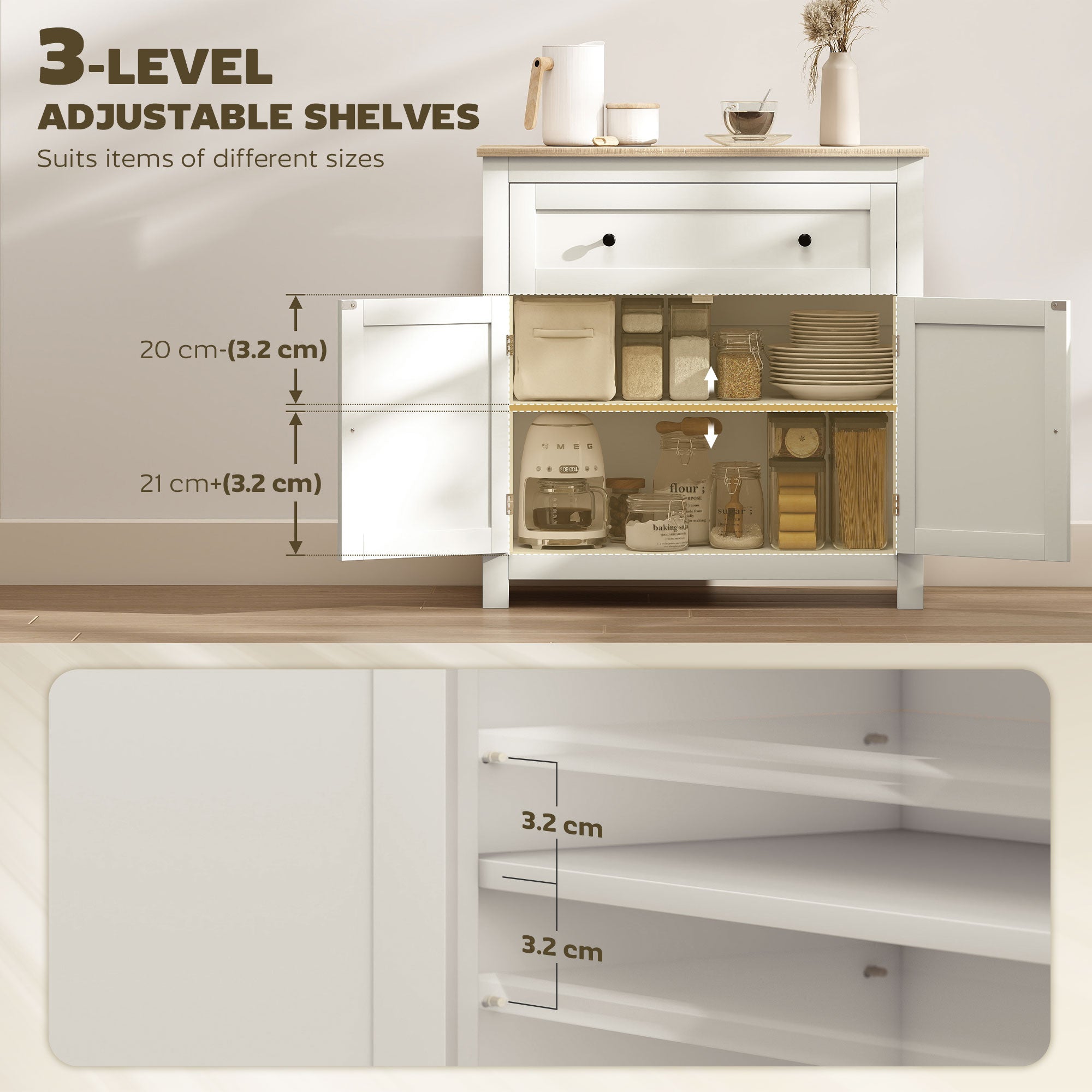 Sideboard Storage Cabinet, Modern Kitchen Cupboard with Adjustable Shelf, Drawer and Double Doors, Sideboard for Living Room, Dining Room, Hallway, Cream White