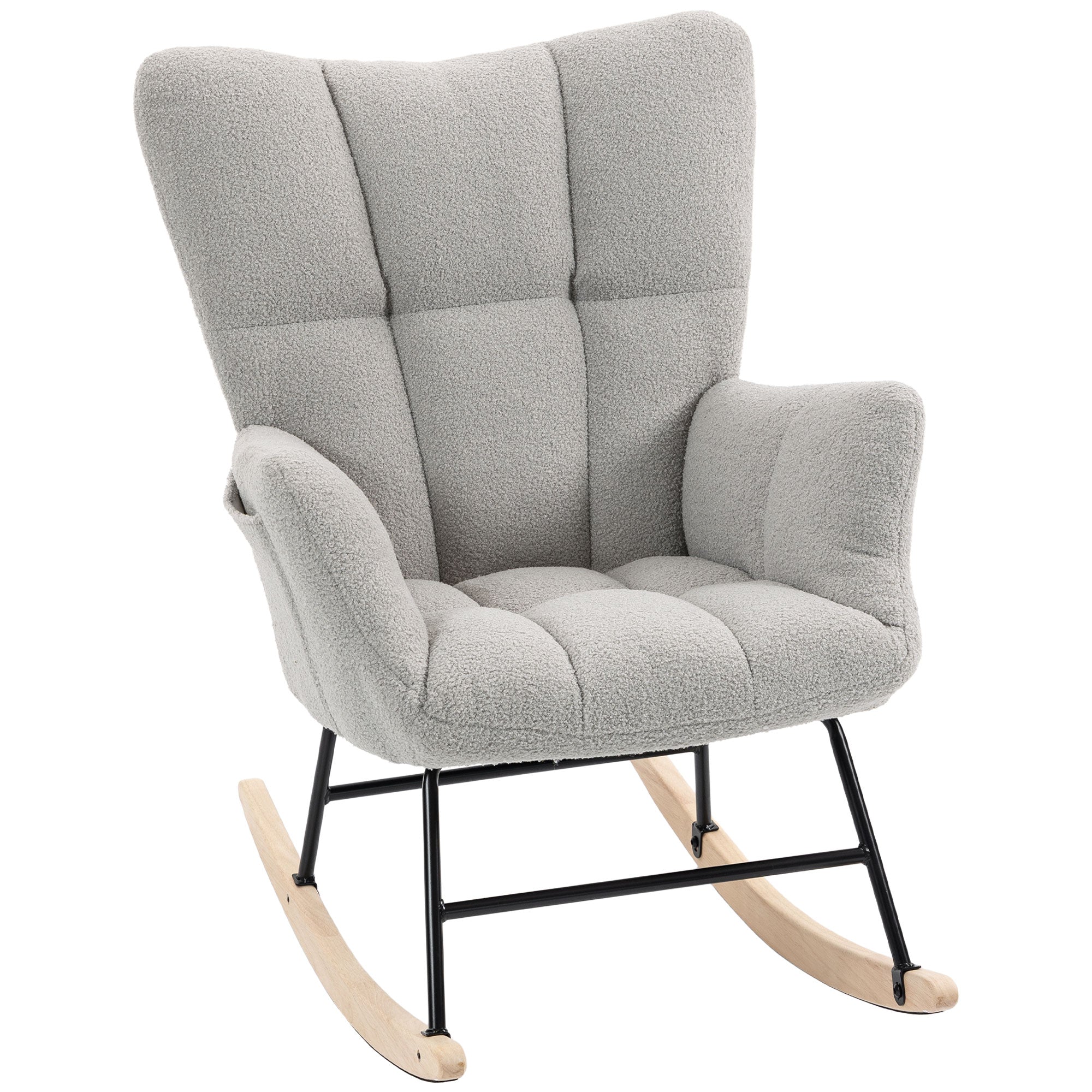 Rocking Chair with Side Pockets, Wingback Tufted Rocker Chair with Teddy Fleece Upholstered, Rubber Wood Legs for Living Room, Bedroom, Light Grey