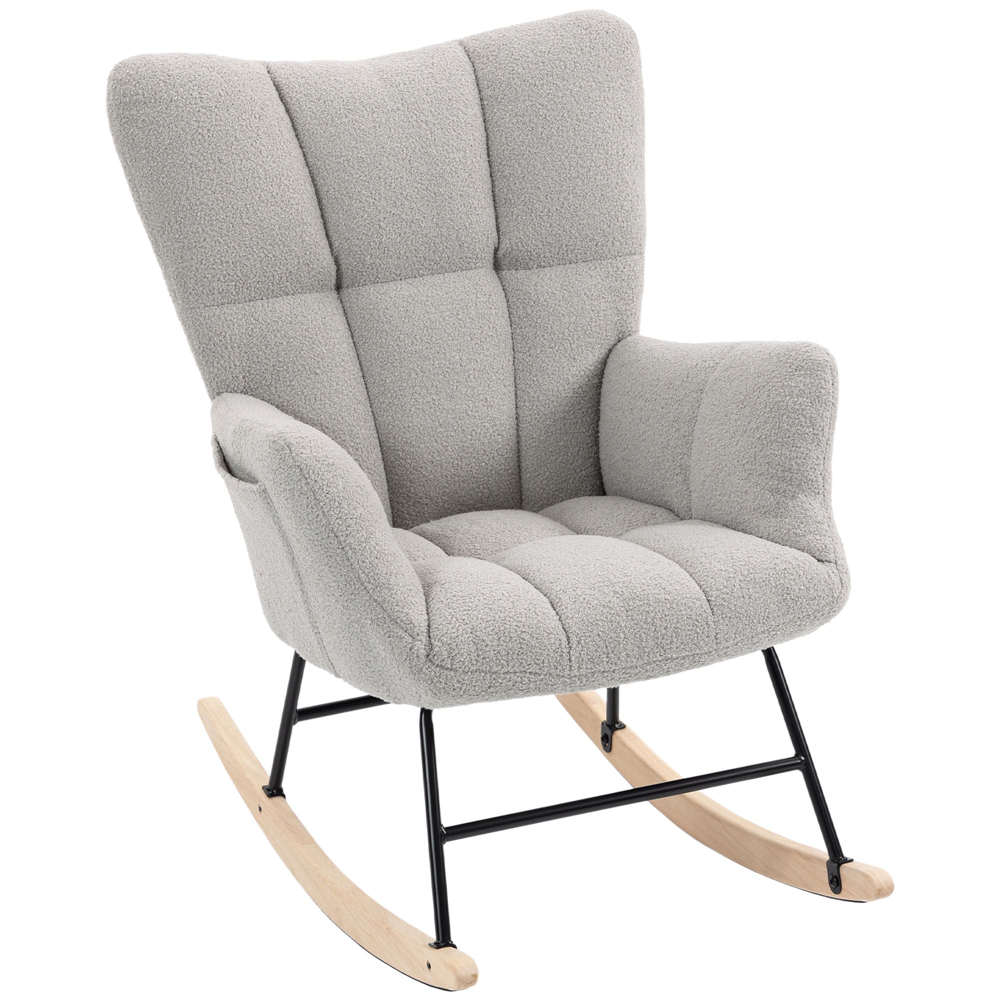 Rocking Chair with Side Pockets, Wingback Tufted Rocker Chair with Teddy Fleece Upholstered, Rubber Wood Legs for Living Room, Bedroom, Light Grey