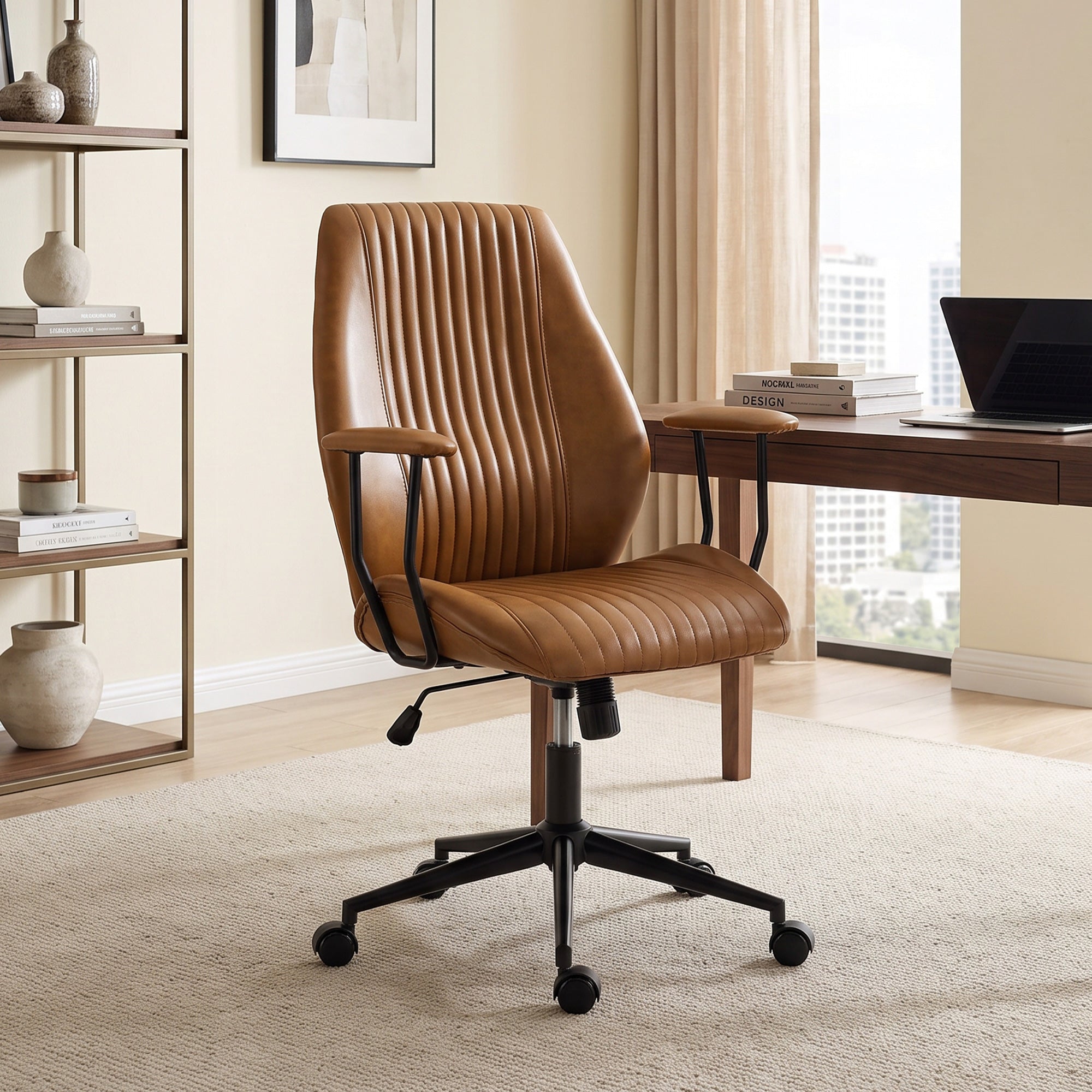 Home Office Desk Chair, PU Leather Computer Chair with Padded Arms, Mid Back, 360° Swivel, Adjustable Height, Tilt Function, Rolling Wheels, Vintage Style for Task, Study, Work, Brown