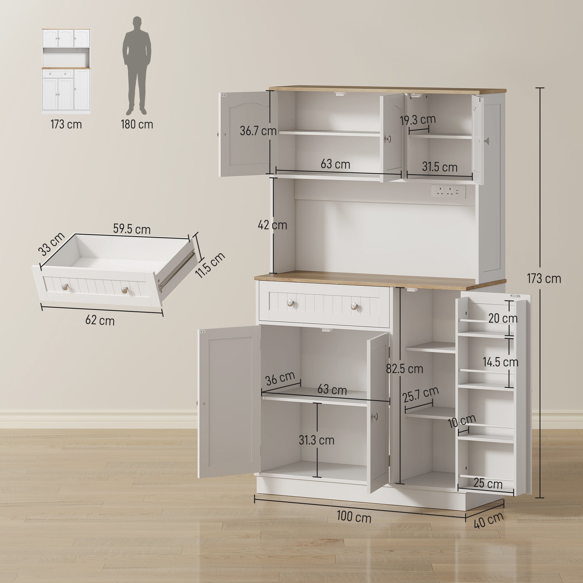 173 cm Tall Kitchen Cupboard with Charging Station, Pantry Storage Cabinet with Microwave Stand, Adjustable Shelves, 4 Door Racks, Farmhouse Kitchen Cabinet for Dining Room, White