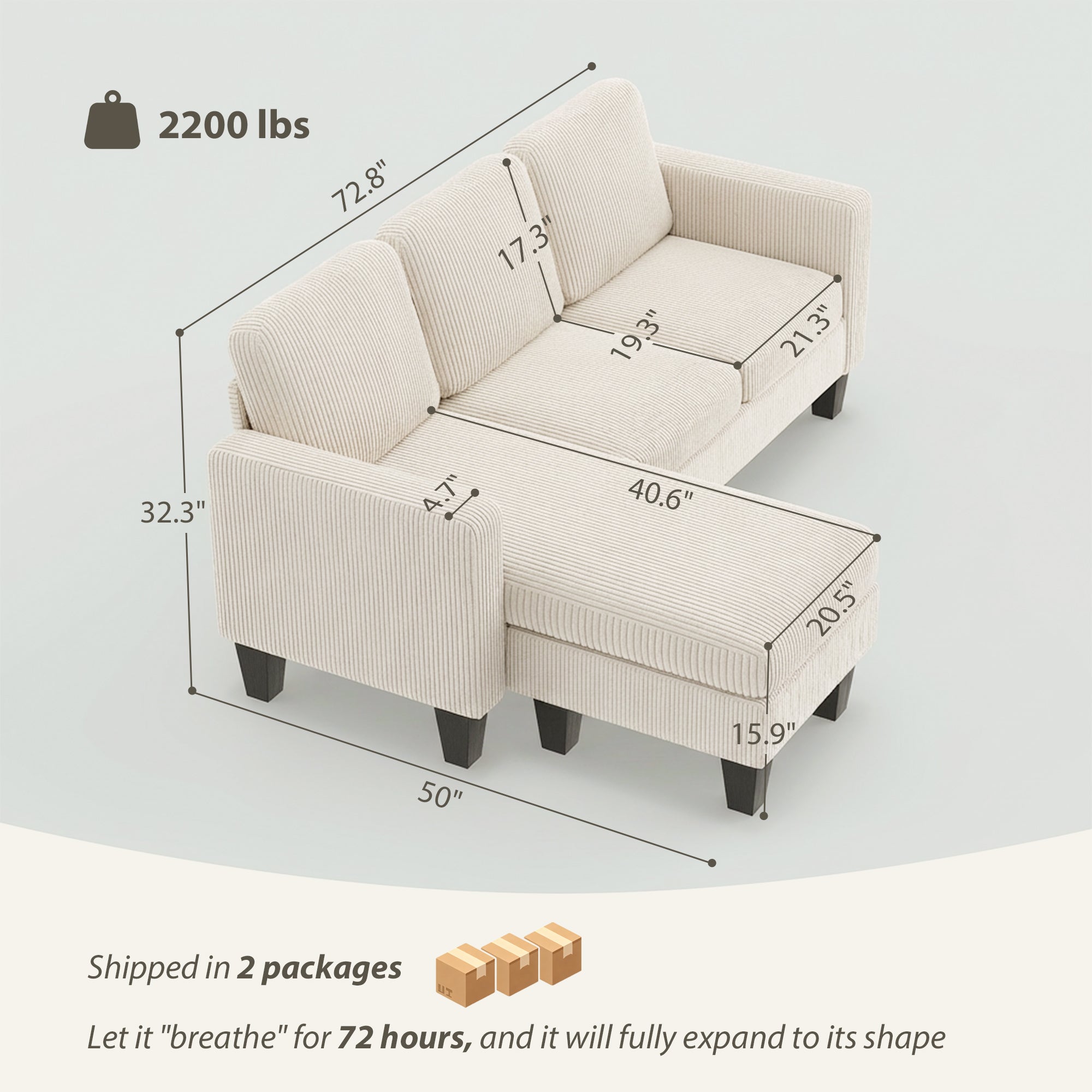 73" Sectional Sofa, L Shaped Couch with Reversible Chaise or Ottoman, Corduroy 3 Seat Sectional Couch for Living Room, Bedroom, Apartment, 2200lb Capacity, Cream White
