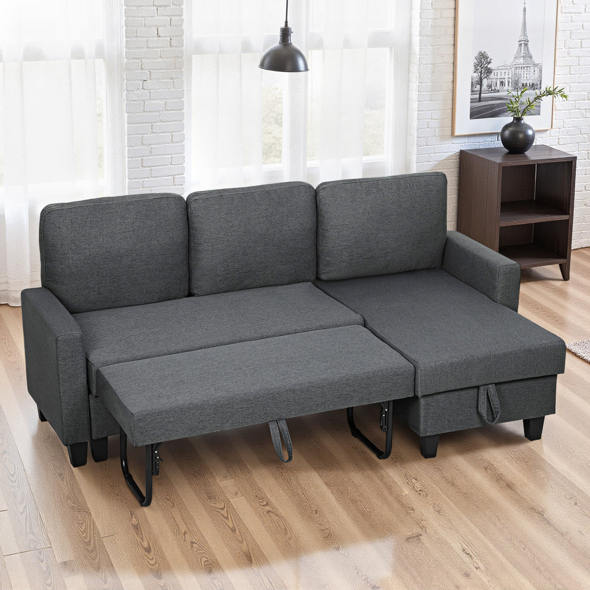 77.6" Sofa Bed, Convertible Pull Out Sleeper Sofa, Linen L Shaped Sectional Couch with Reversible Storage Chaise, Wide and Deep Seat for Living Room, Charcoal Grey