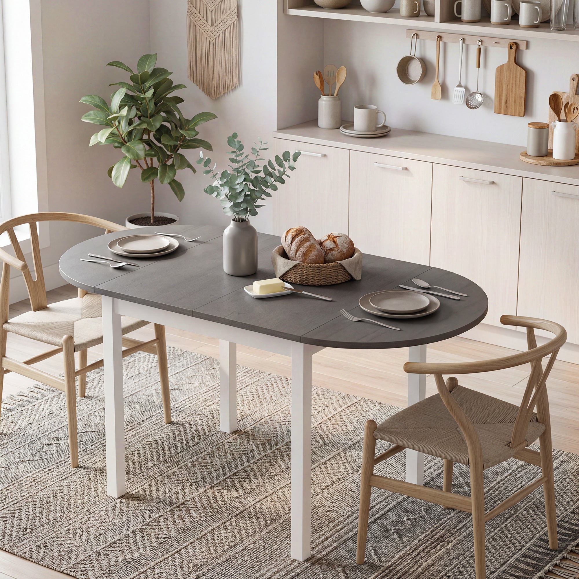 Folding Dining Table for 4-6 People, 140 cm Oval Solid Wood Drop Leaf Table, Kitchen Table for Small Spaces, Dining Room, Living Room, Grey