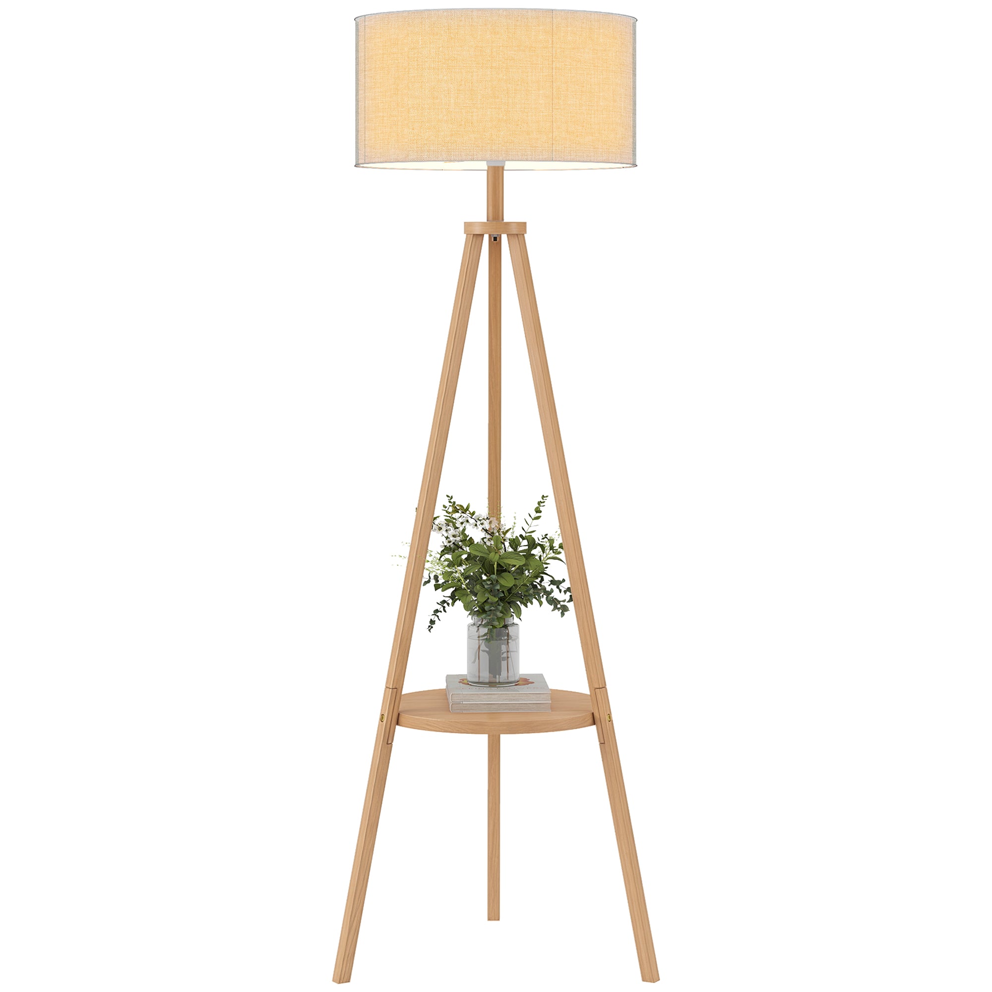 Tripod Floor Lamp, Freestanding Bedside Reading Light with Storage Shelf and Linen-Look Shade for Living Room and Bedroom, 160 cm, Natural Wood Colour