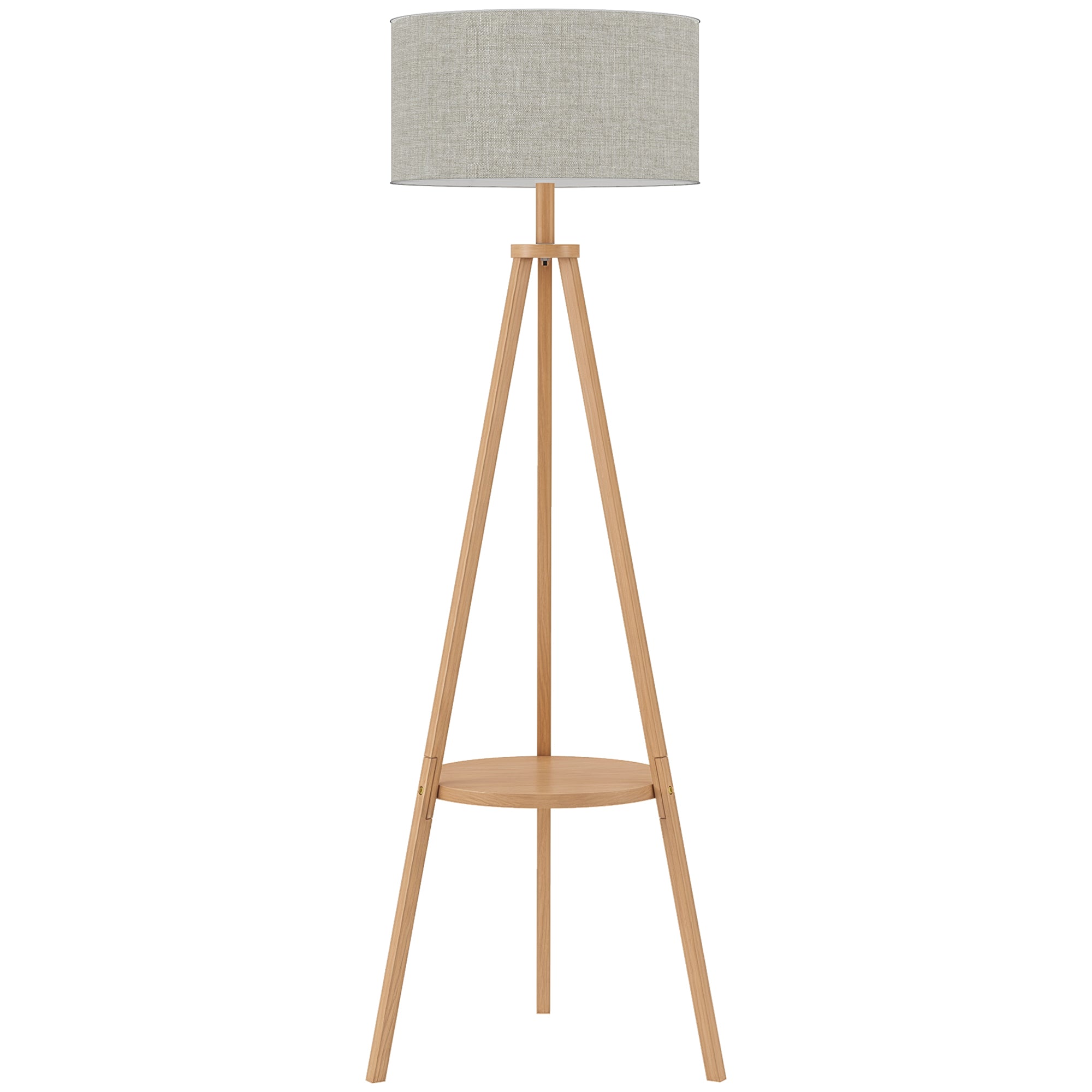 Tripod Floor Lamp, Freestanding Bedside Reading Light with Storage Shelf and Linen-Look Shade for Living Room and Bedroom, 160 cm, Natural Wood Colour