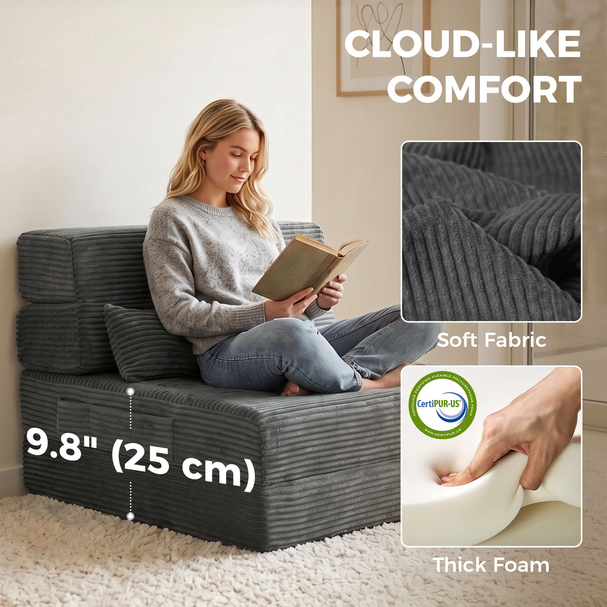 28" Folding Sofa Bed, Boneless Cloud Corduroy Sleeper Floor Chair, Floor Sofa with Back Support, Thick Cushion, Lumbar Pillow, Side Pockets for Living Room, Dark Grey