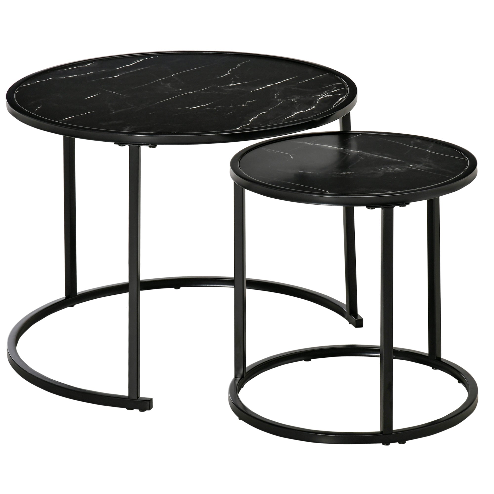 HOMCOM Nesting Tables, 23.6" Round Coffee Table Set of 2, Modern Side Tables for Living Room with Metal Base, Faux Marbled Black