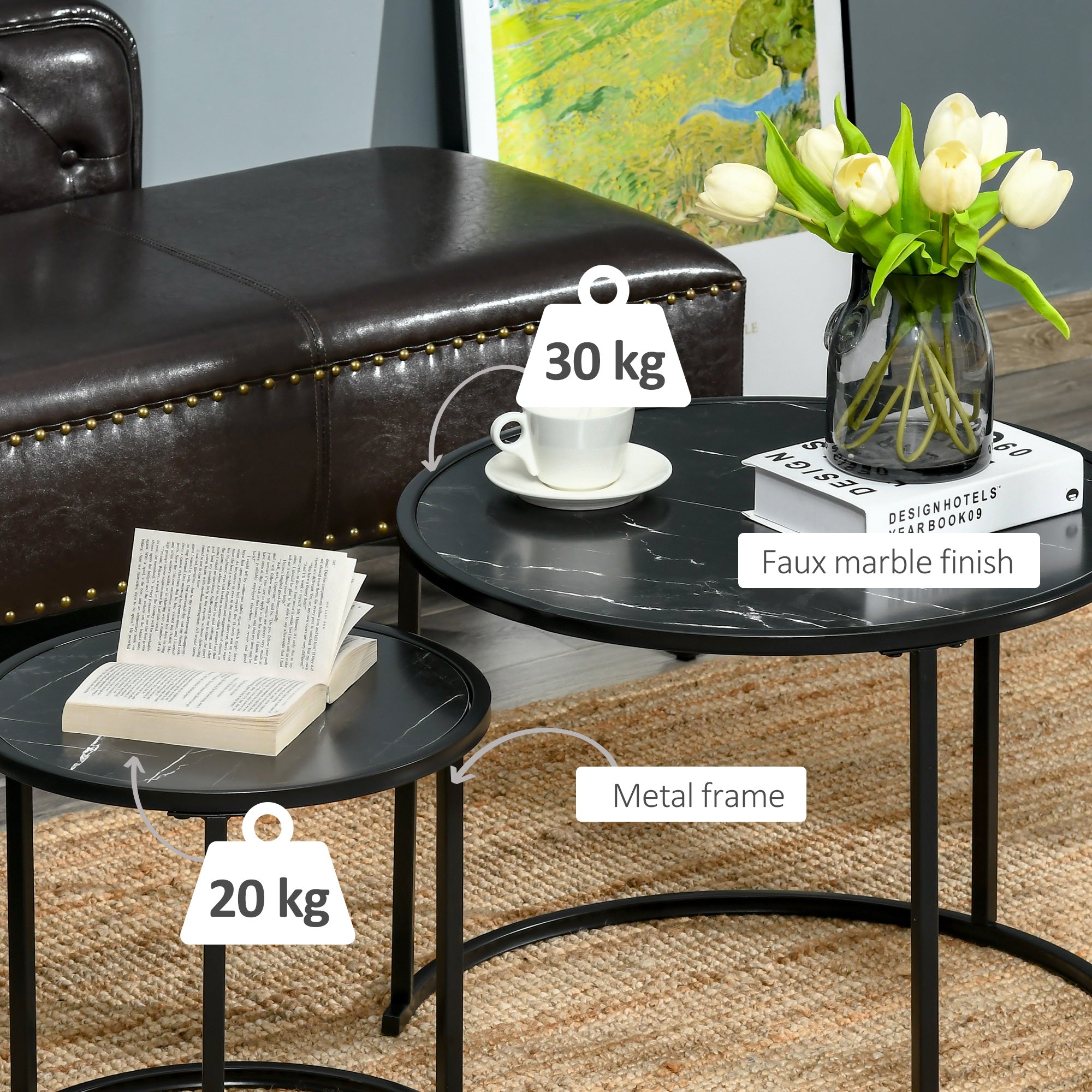HOMCOM Nesting Tables, 23.6" Round Coffee Table Set of 2, Modern Side Tables for Living Room with Metal Base, Faux Marbled Black