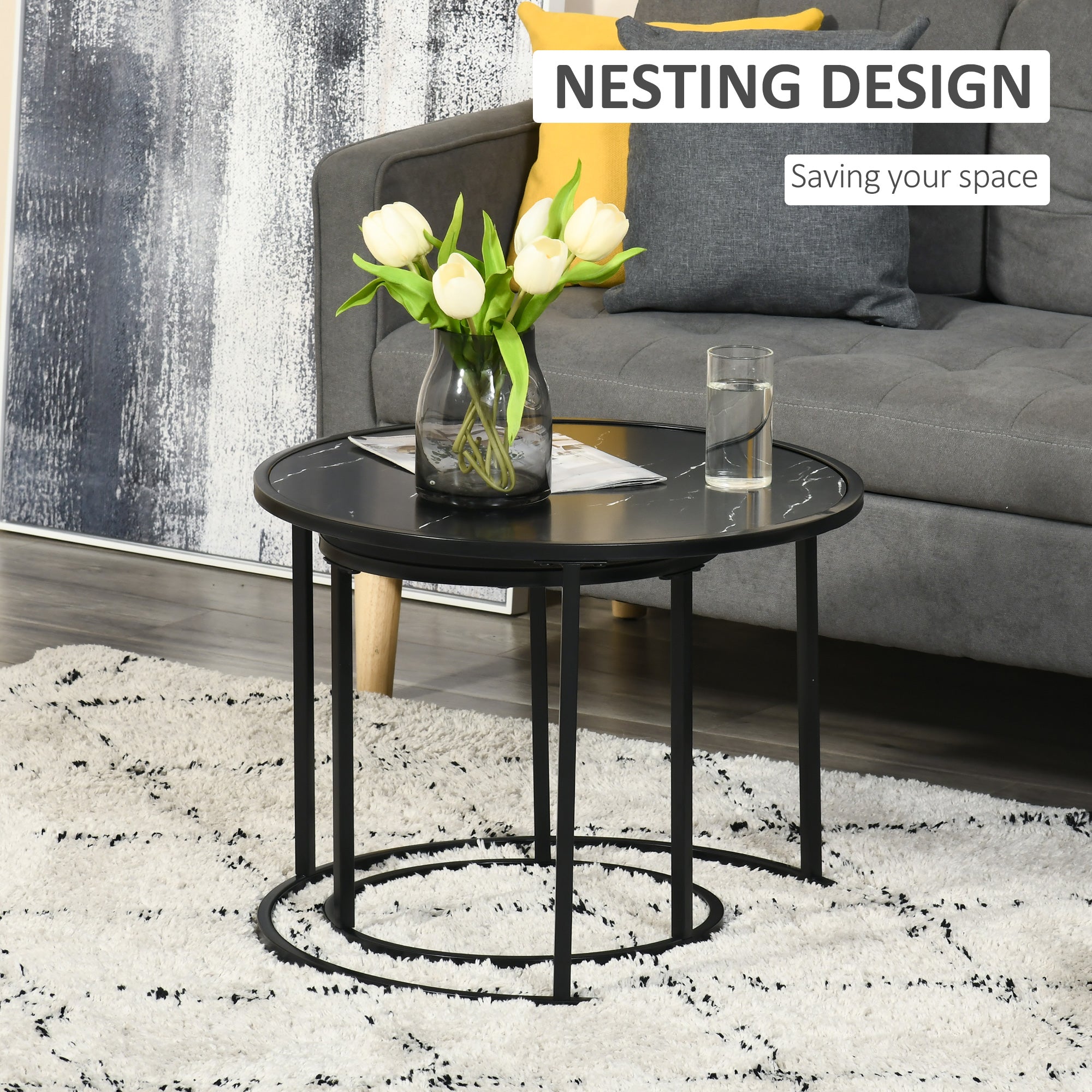 HOMCOM Nesting Tables, 23.6" Round Coffee Table Set of 2, Modern Side Tables for Living Room with Metal Base, Faux Marbled Black