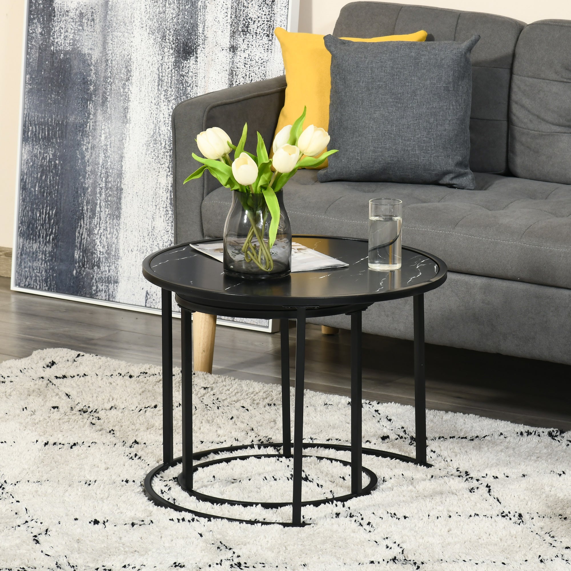 HOMCOM Nesting Tables, 23.6" Round Coffee Table Set of 2, Modern Side Tables for Living Room with Metal Base, Faux Marbled Black