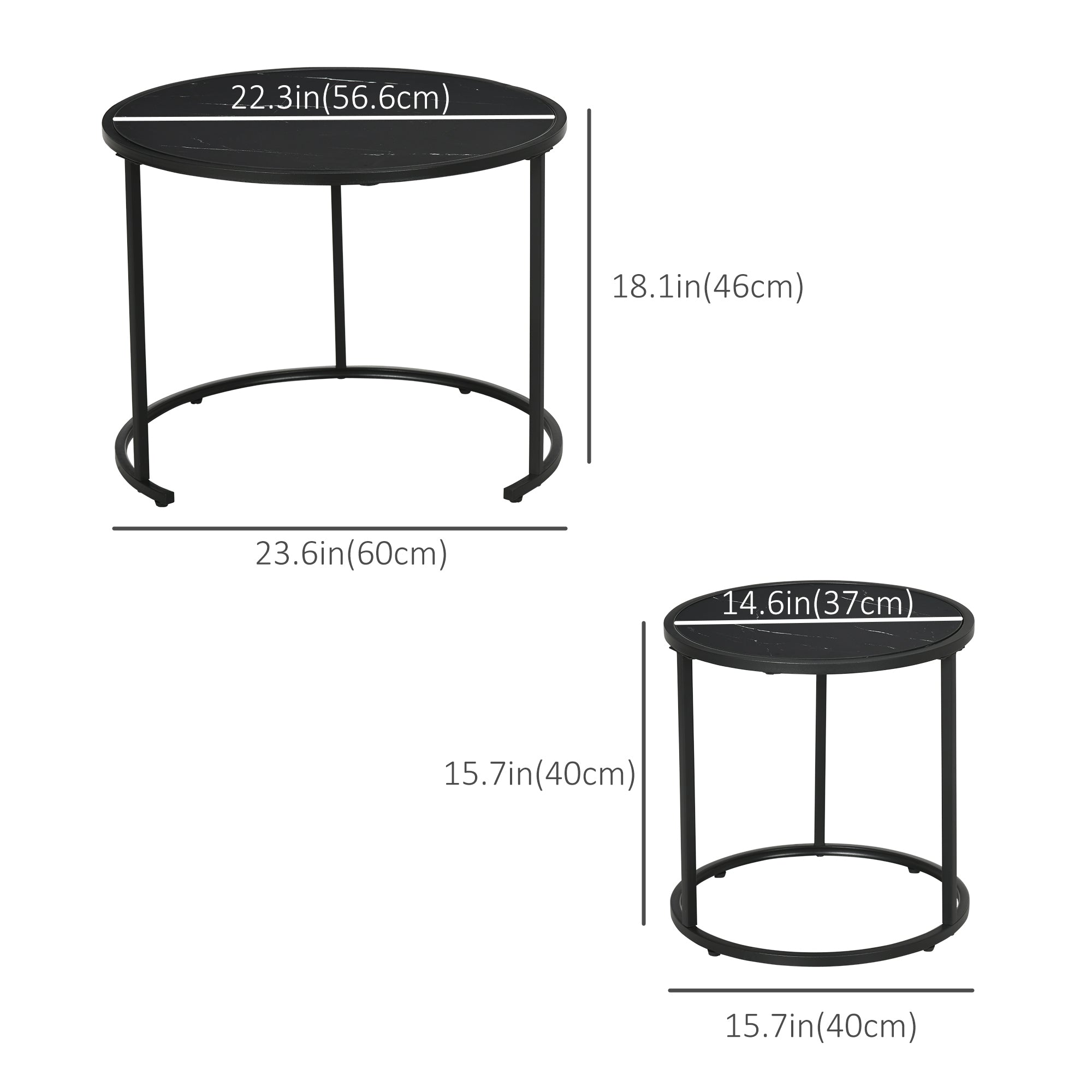 HOMCOM Nesting Tables, 23.6" Round Coffee Table Set of 2, Modern Side Tables for Living Room with Metal Base, Faux Marbled Black