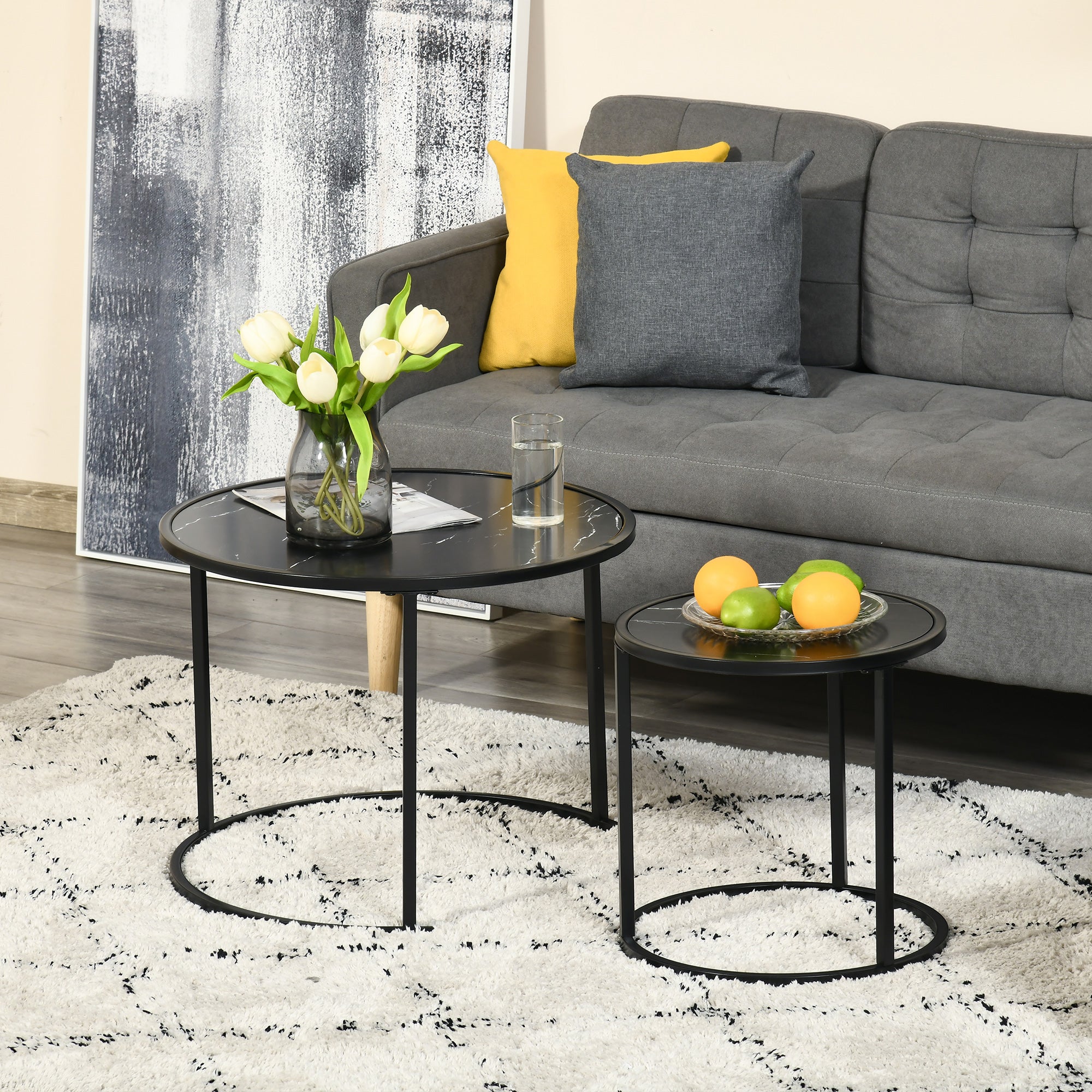 HOMCOM Nesting Tables, 23.6" Round Coffee Table Set of 2, Modern Side Tables for Living Room with Metal Base, Faux Marbled Black